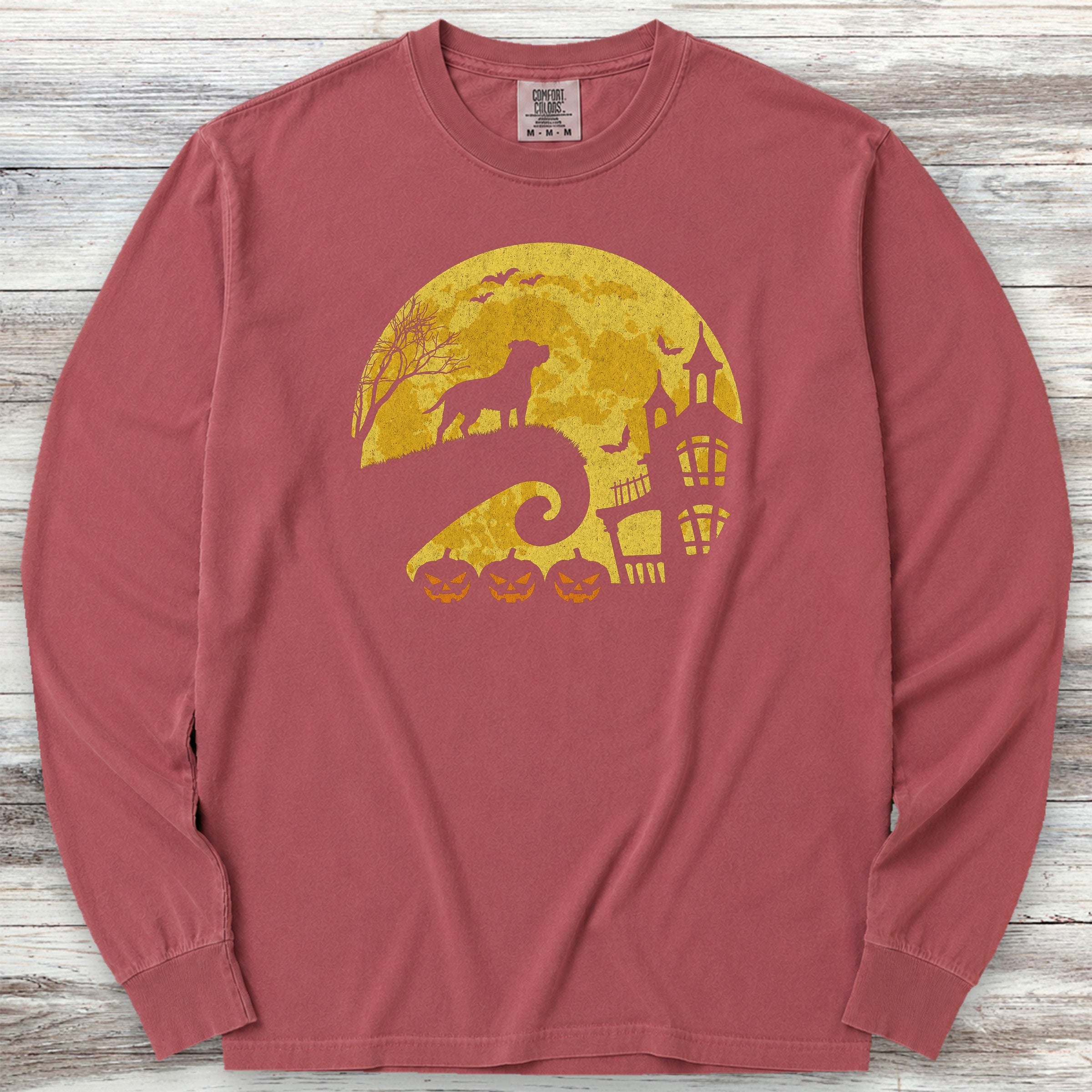 Pit Bull Halloween Moon Long Sleeve Tee - Brick