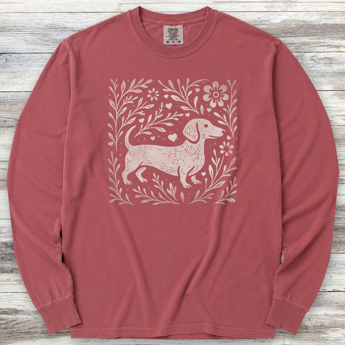 Dachshund Linocut Long Sleeve Tee - Brick