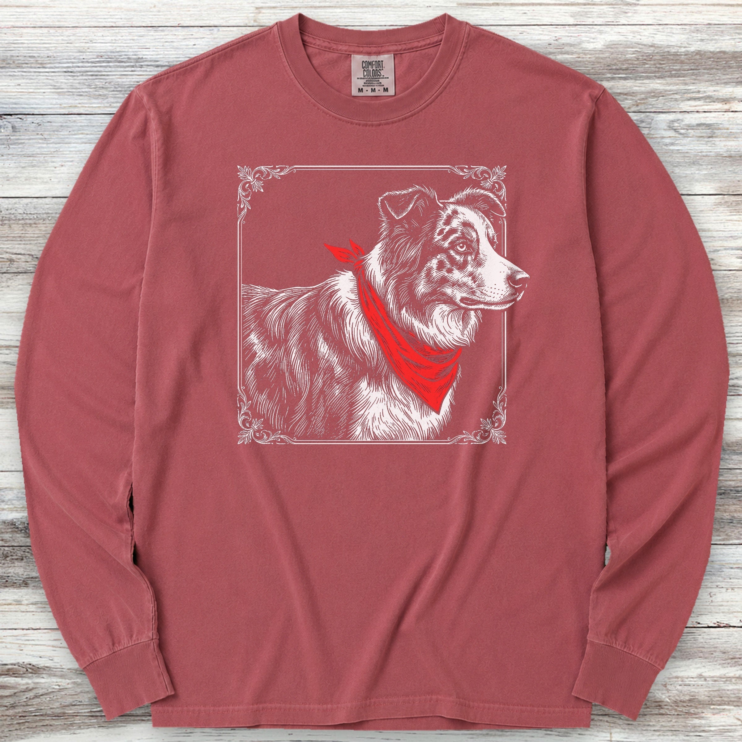 Australian Shepherd Etching Long Sleeve Tee - Brick
