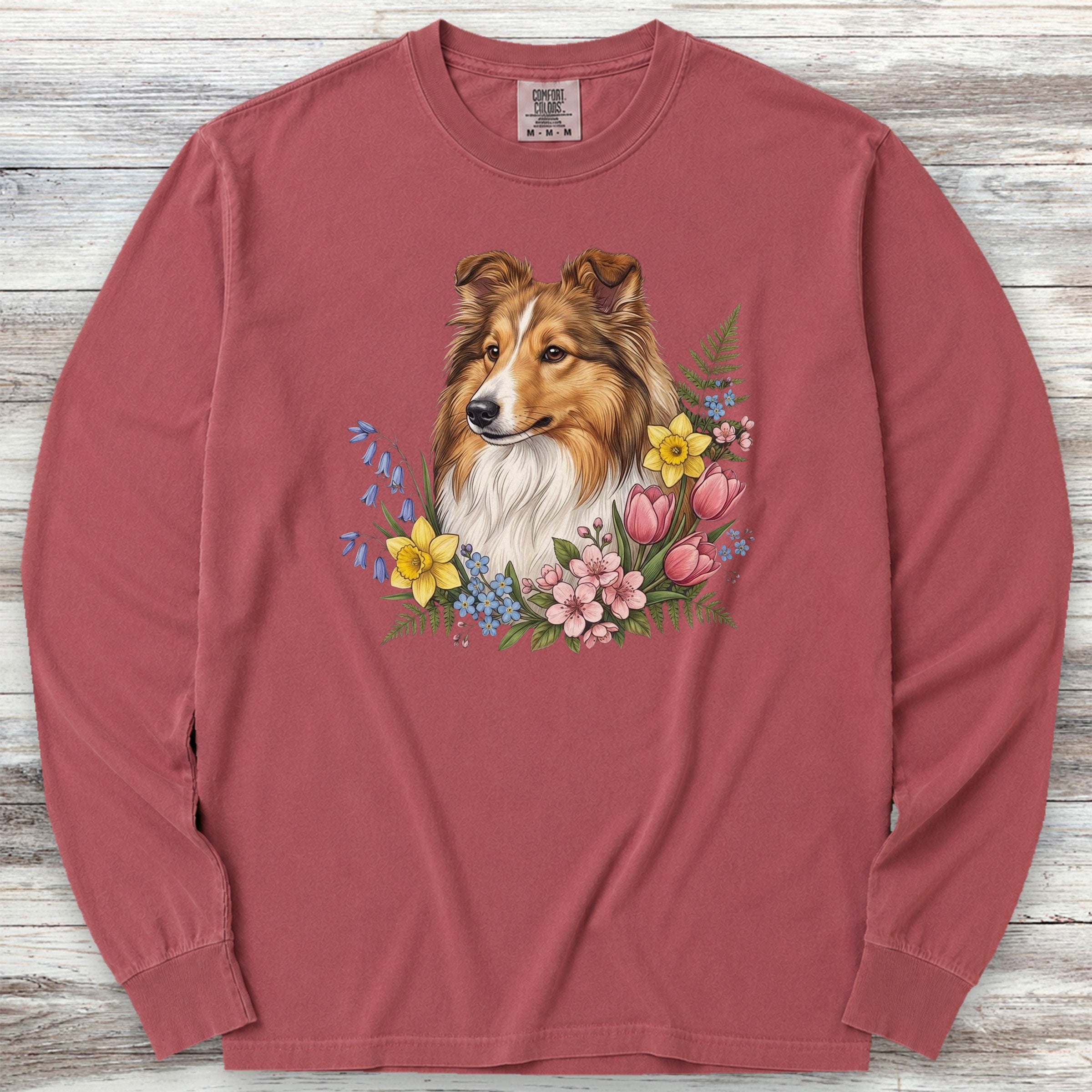 Shetland Sheepdog Spring Portrait Long Sleeve Tee - Brick