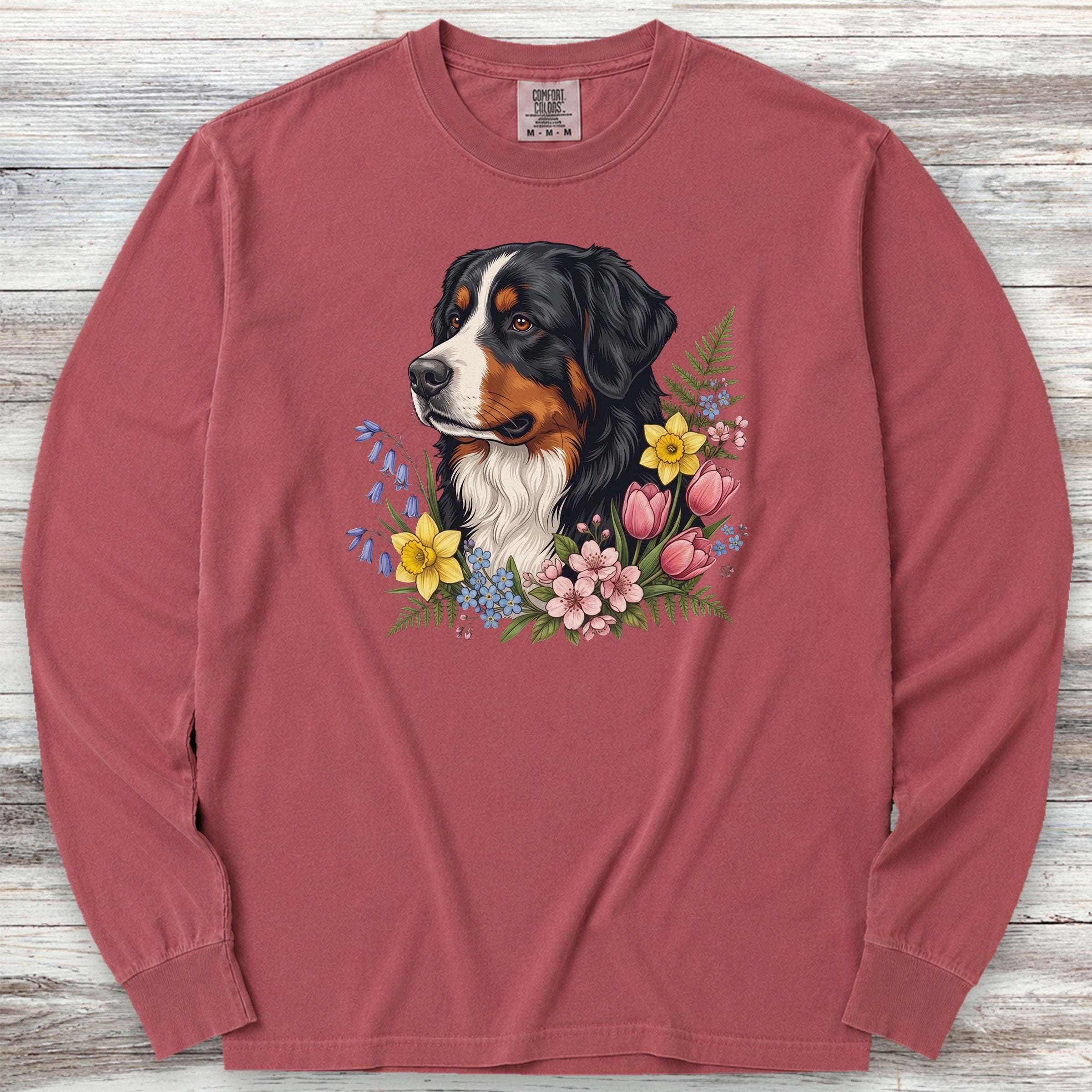 Bernese Mountain Dog Spring Portrait Long Sleeve Tee - Brick