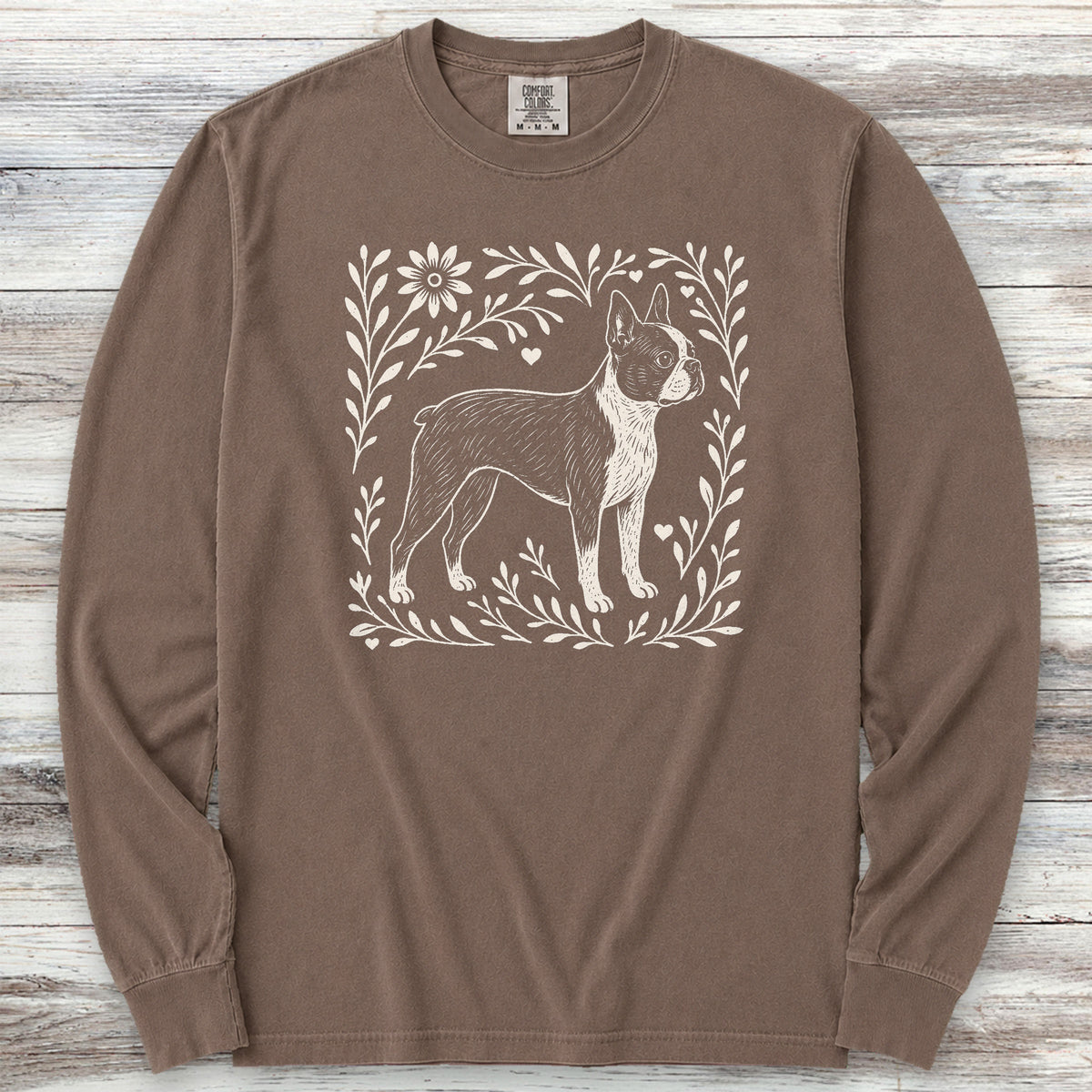 Boston Terrier Linocut Long Sleeve Tee - Espresso