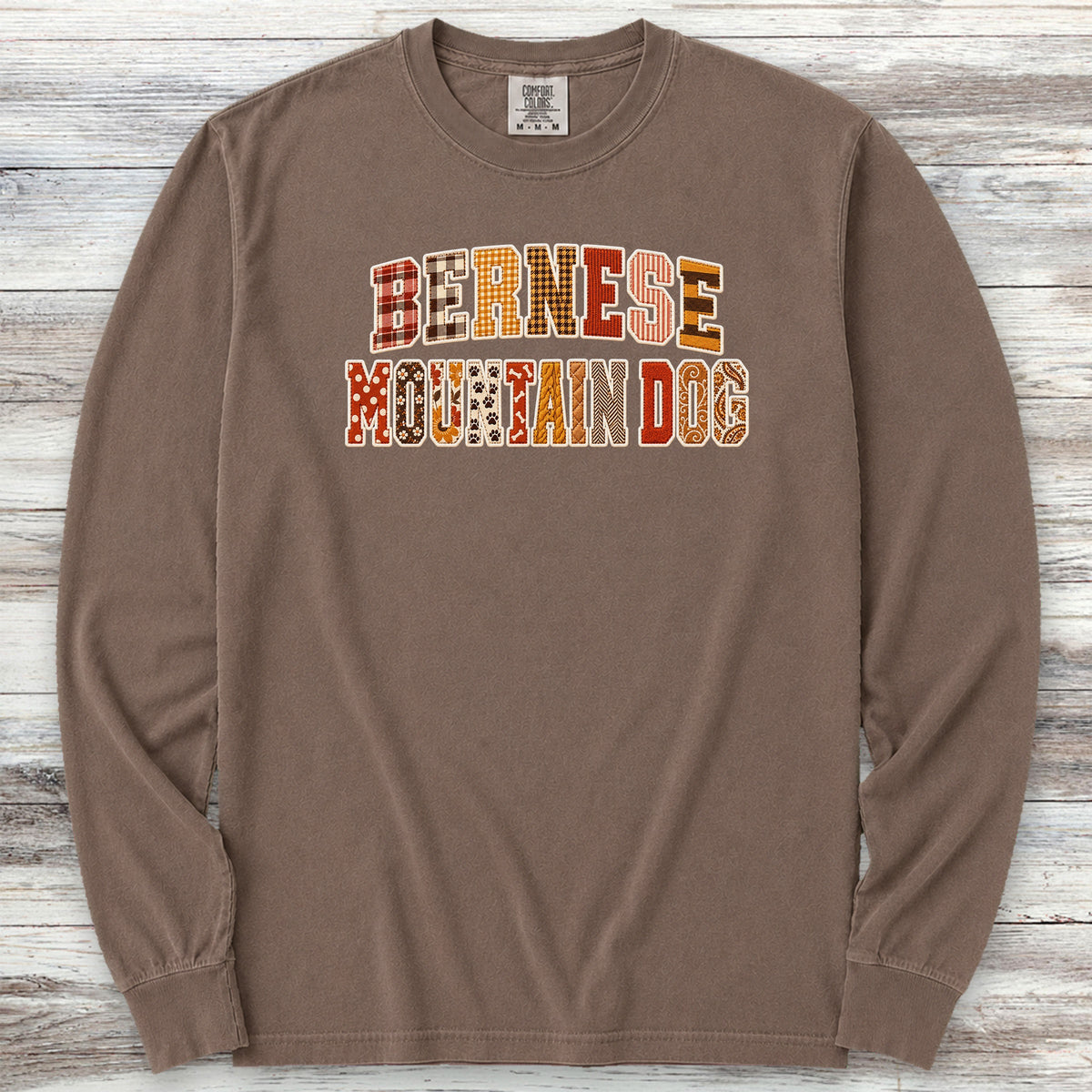 Bernese Mountain Dog Fall Faux Patchwork Long Sleeve Tee - Espresso