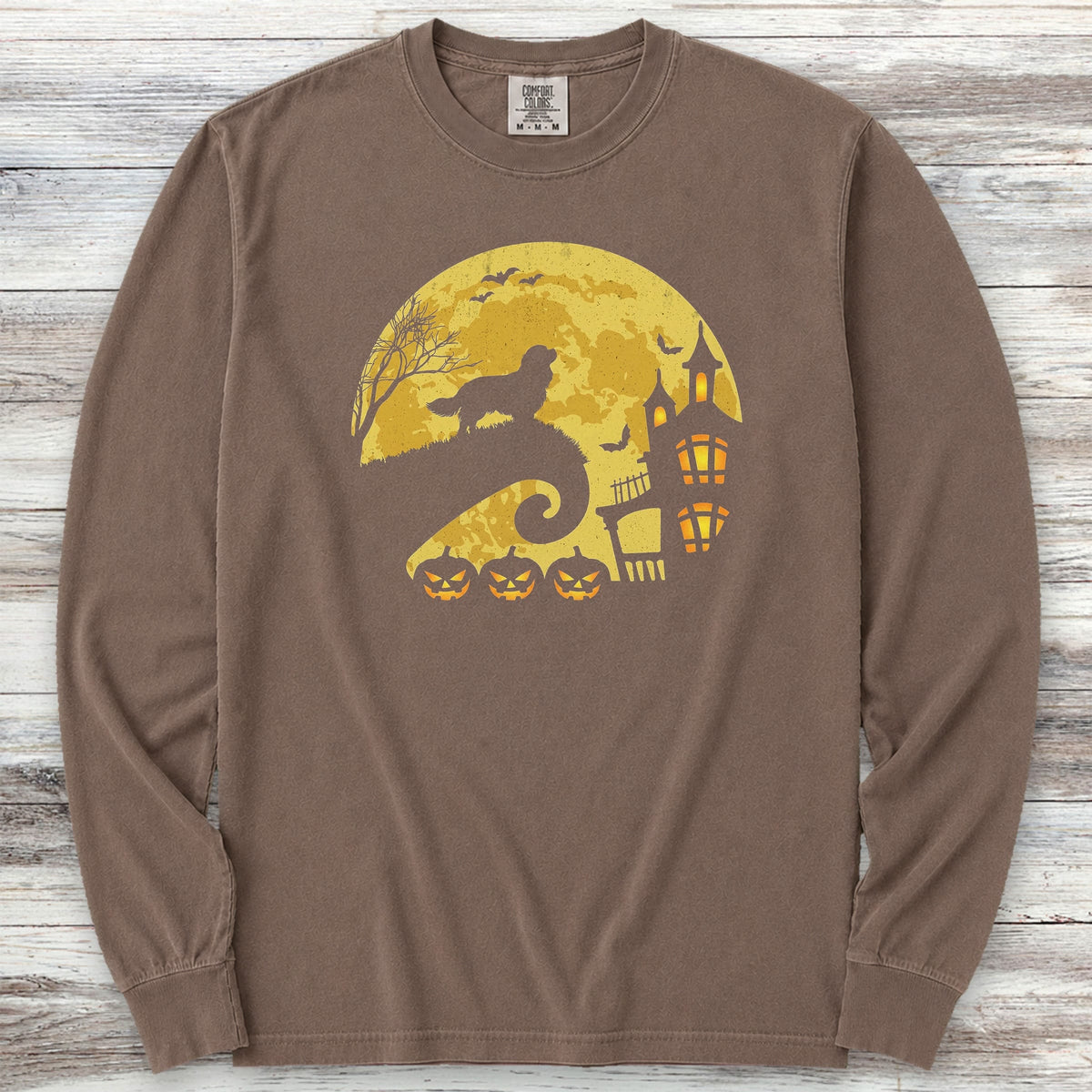 Cavalier King Charles Spaniel Halloween Moon Long Sleeve Tee - Espresso
