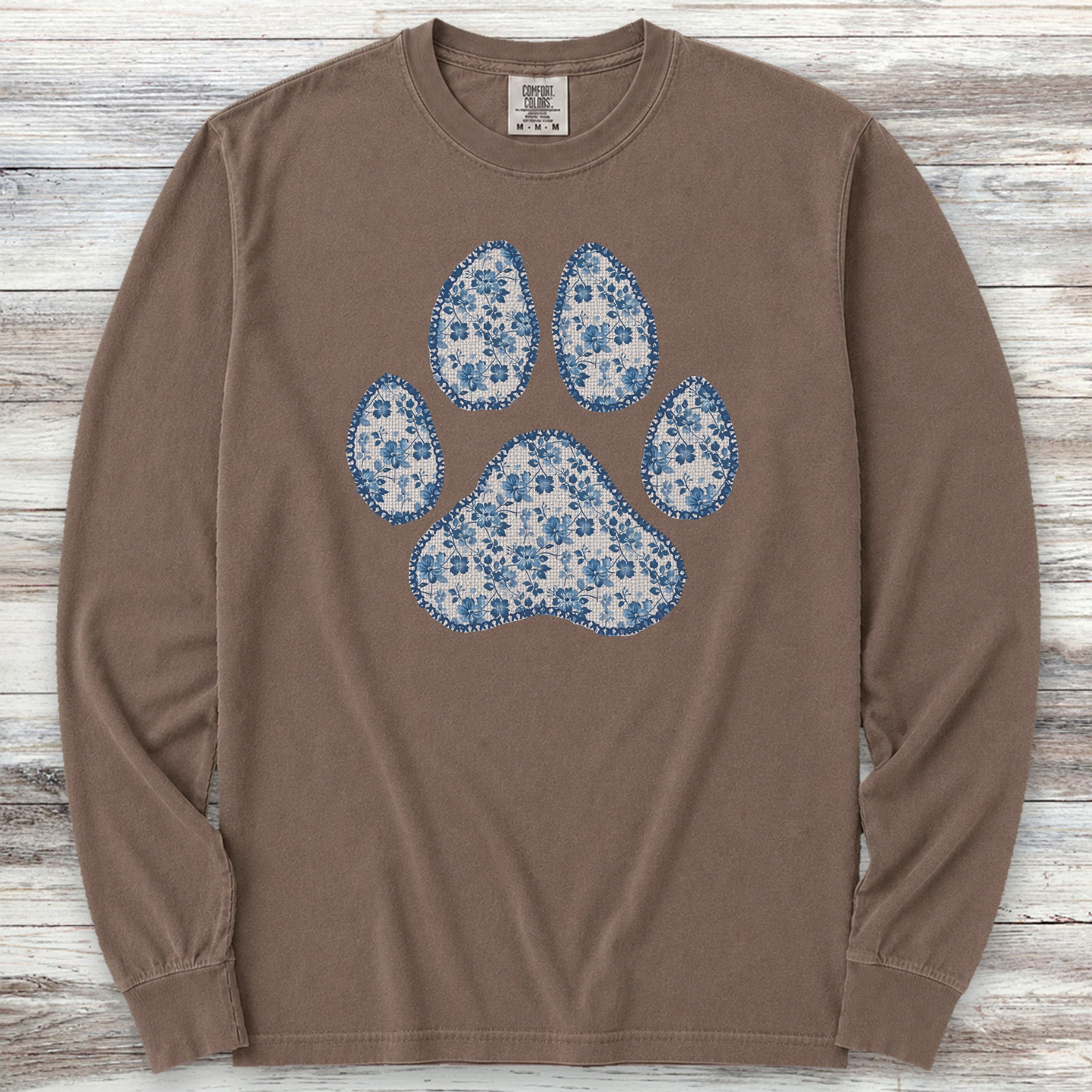 Blue Floral Paw Print Long Sleeve Tee - Espresso