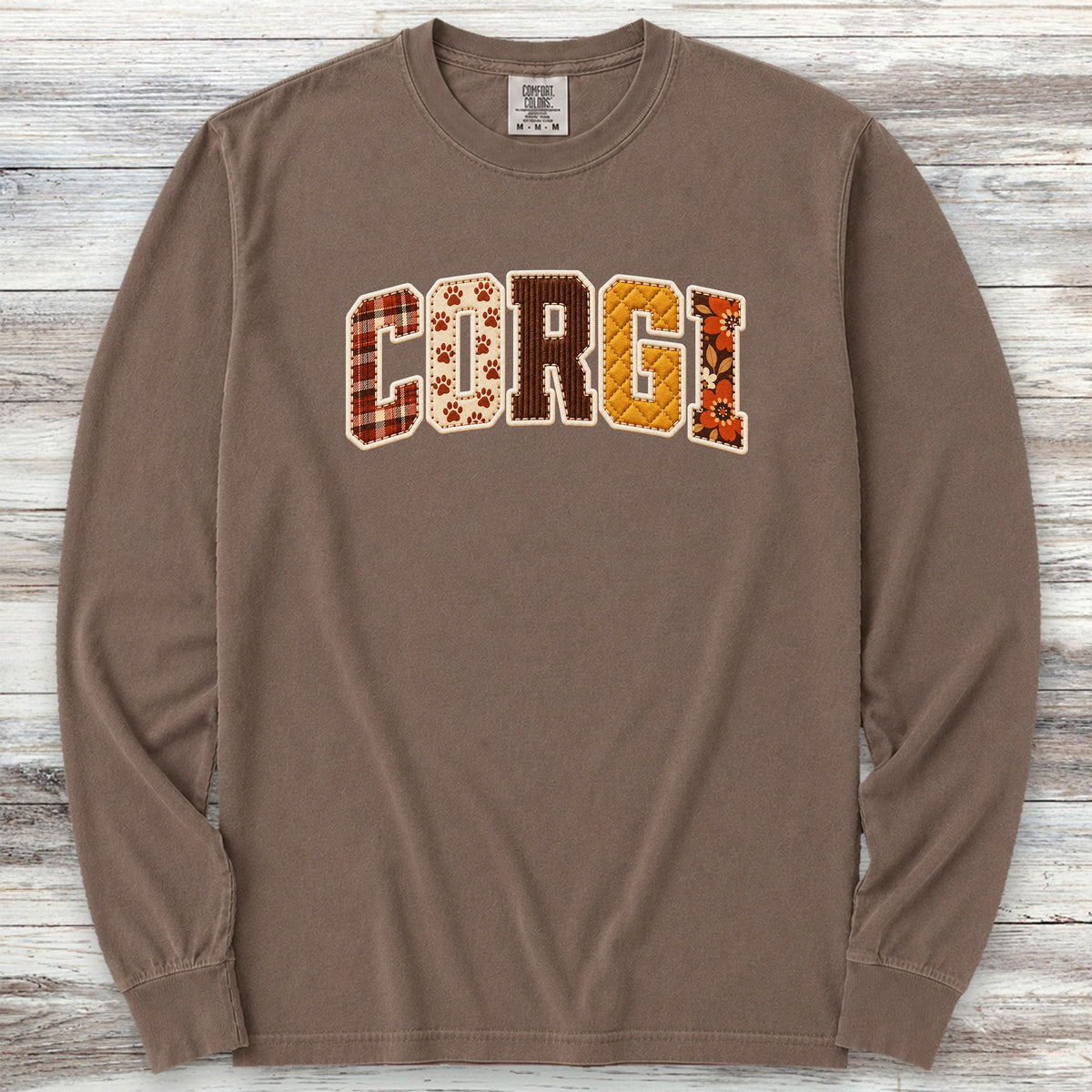 Corgi Fall Faux Patchwork Long Sleeve Tee - Espresso