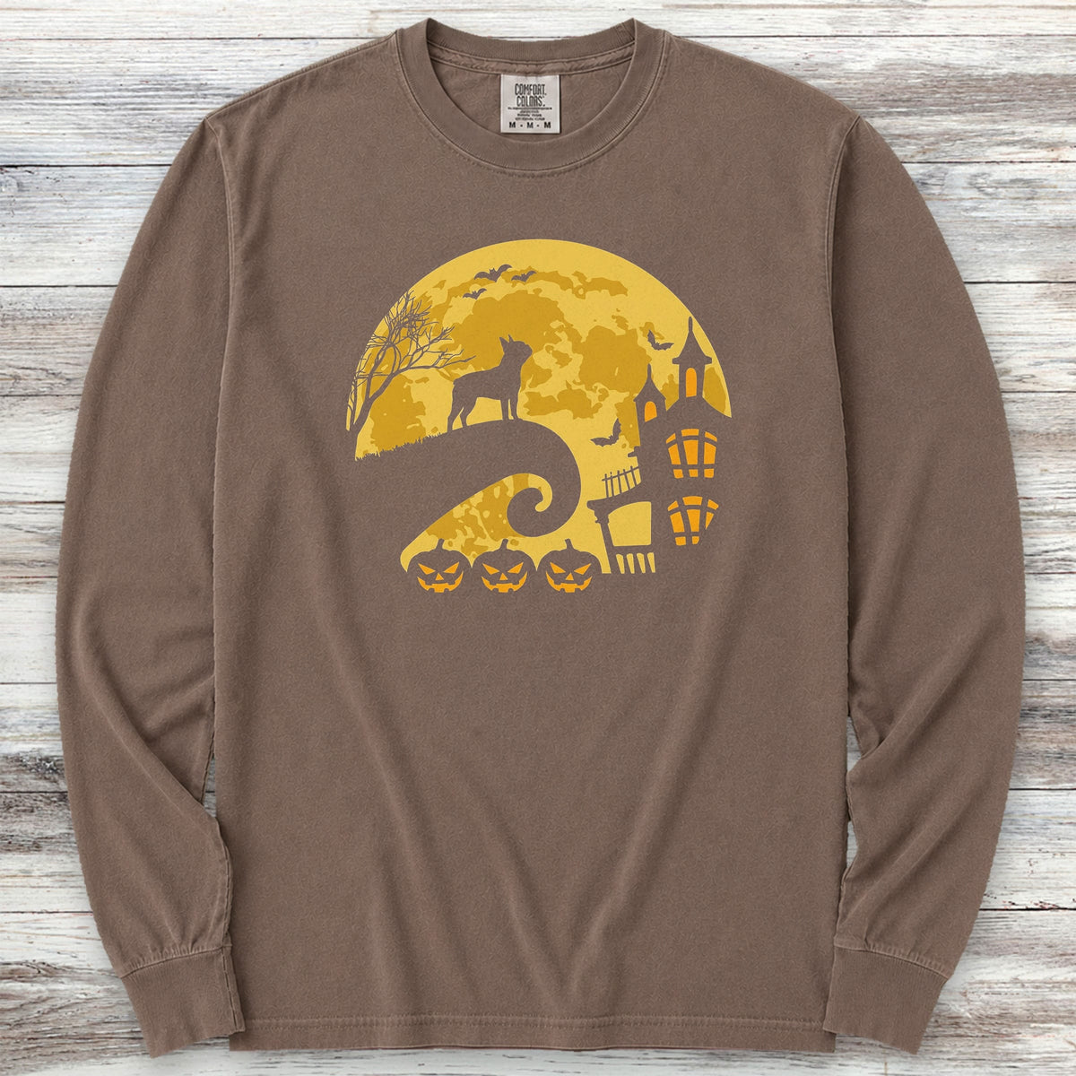 Boston Terrier Halloween Moon Long Sleeve Tee - Espresso