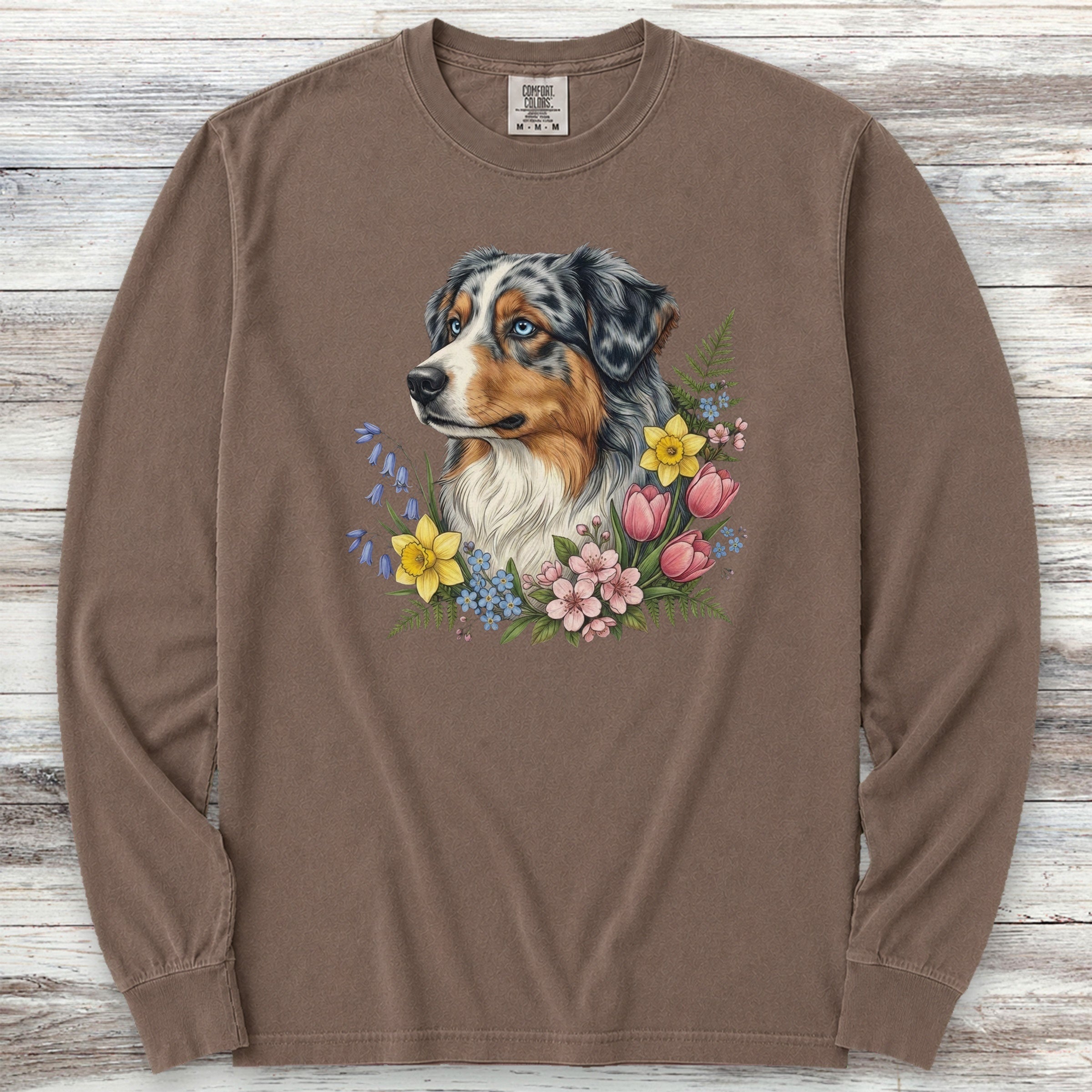 Australian Shepherd Merle Blue Eyes Portrait Long Sleeve Tee - Espresso