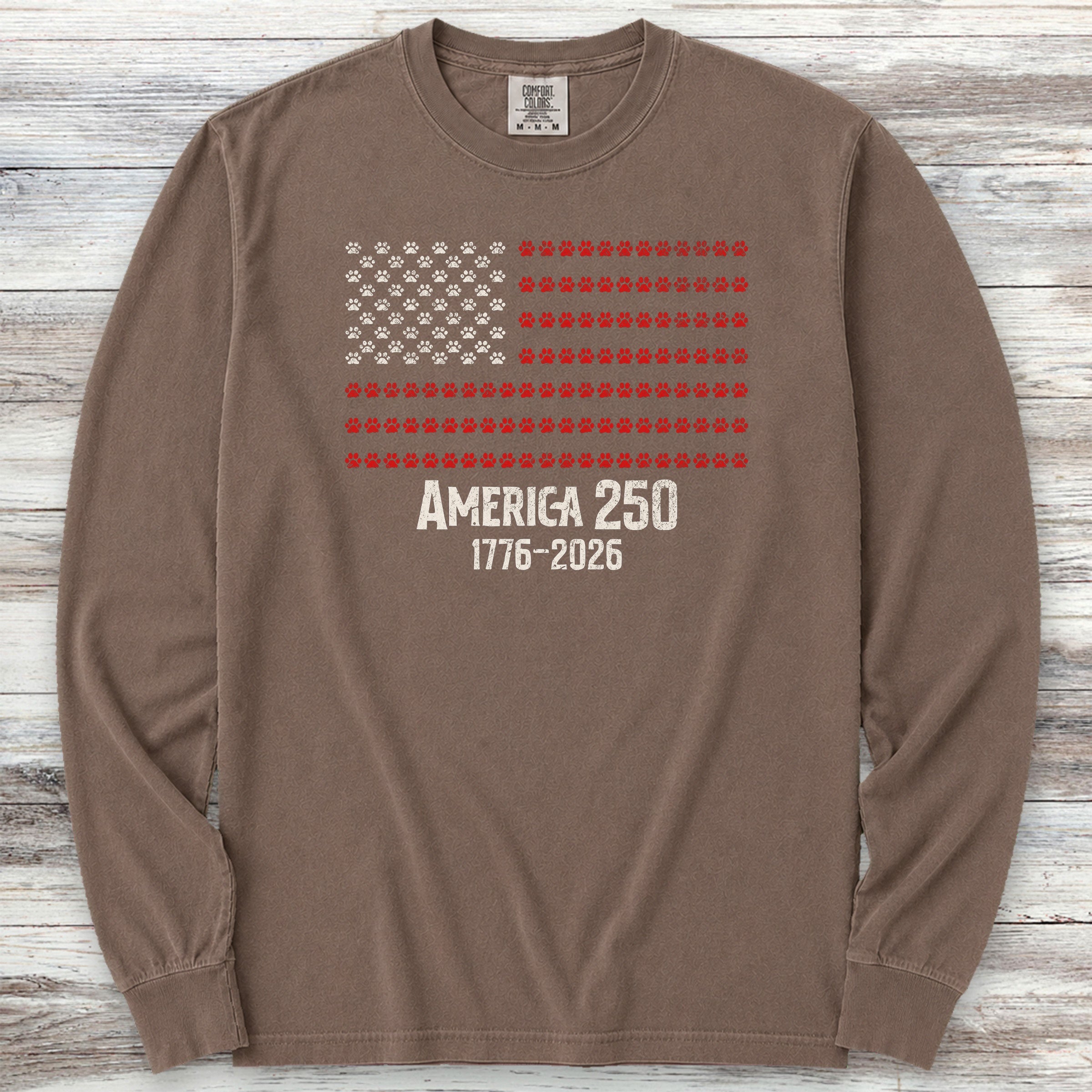 Vintage Red White & Paws 1776-2026 Long Sleeve Tee - Espresso