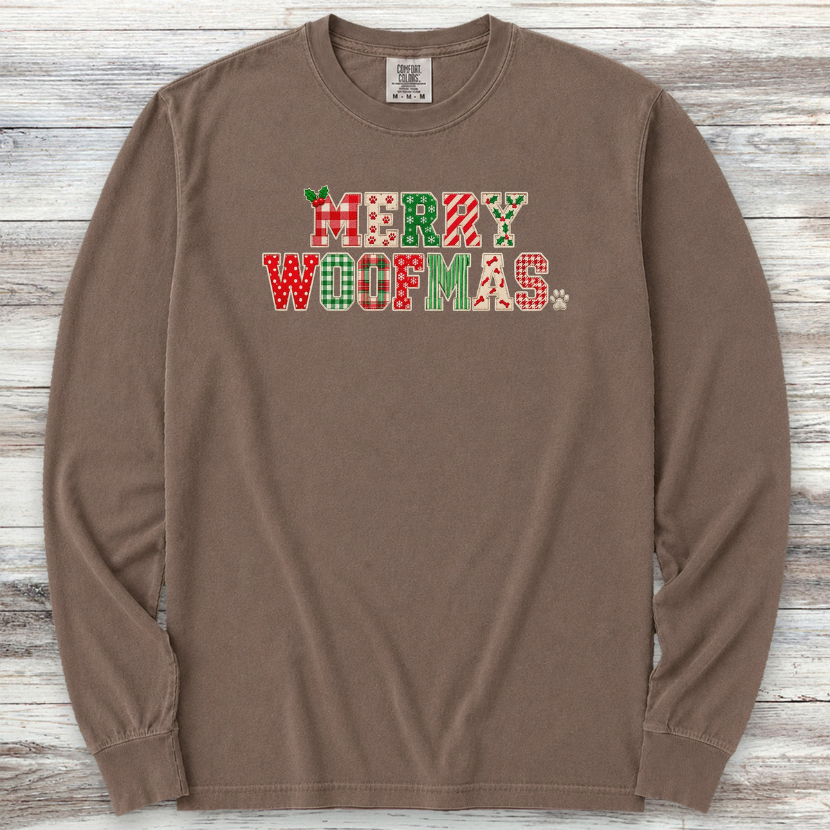Merry Woofmas Faux Patchwork Long Sleeve Tee - Espresso
