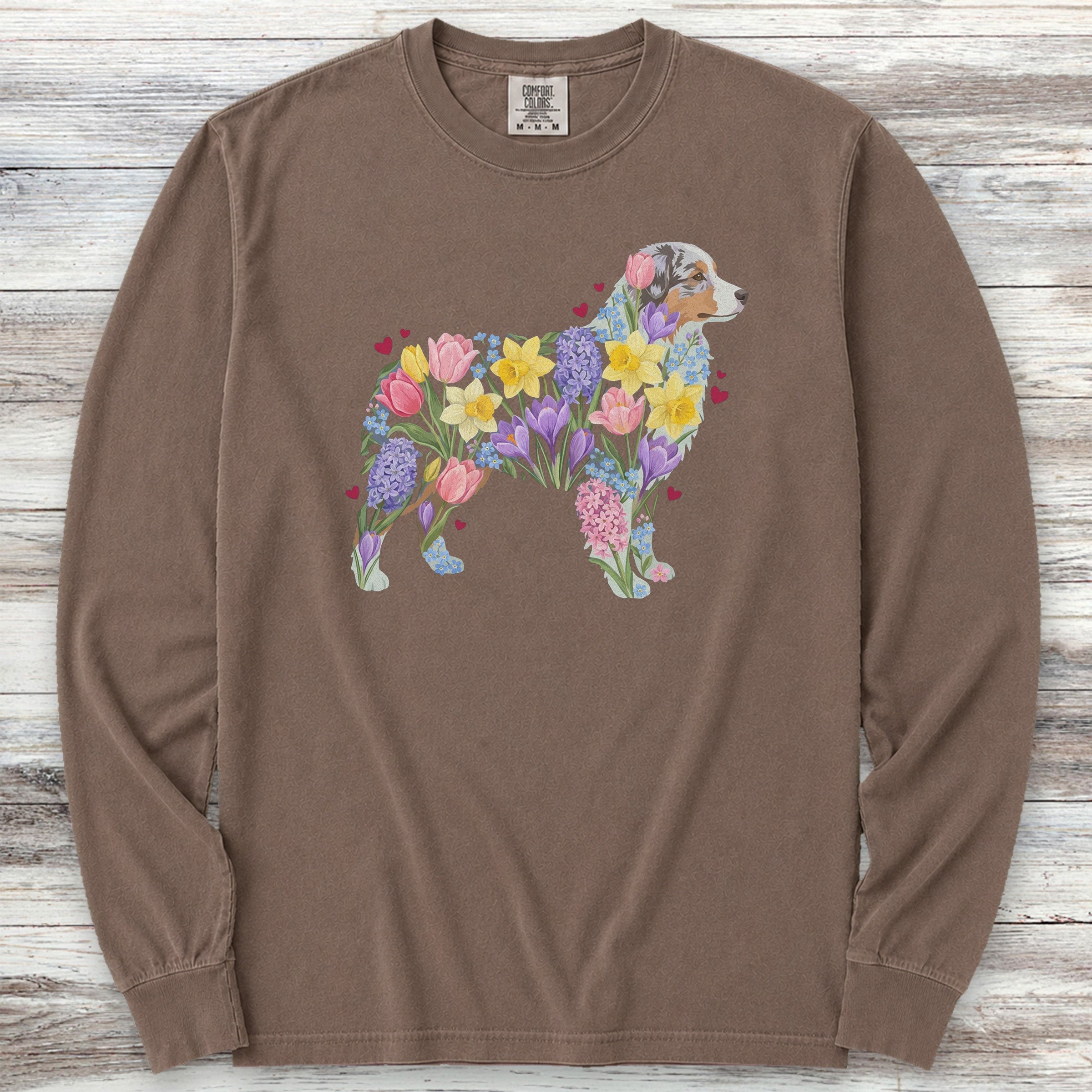 Australian Shepherd Spring Floral Silhouette Long Sleeve Tee - Espresso