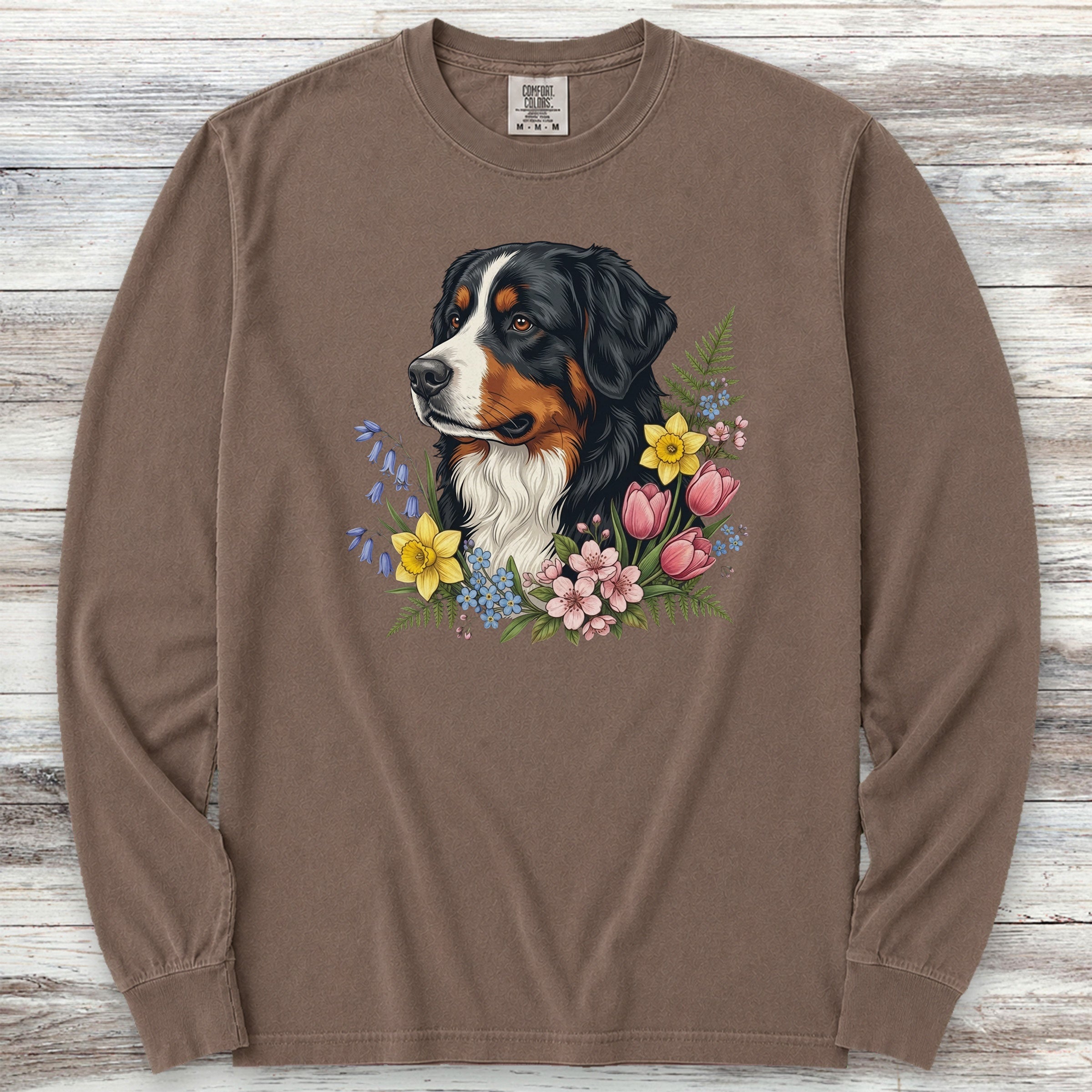 Bernese Mountain Dog Spring Portrait Long Sleeve Tee - Espresso