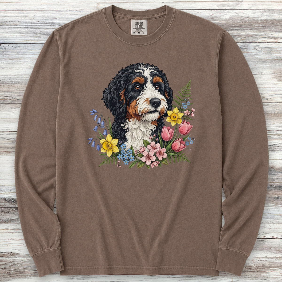 Bernedoodle Spring Portrait Long Sleeve Tee - Espresso