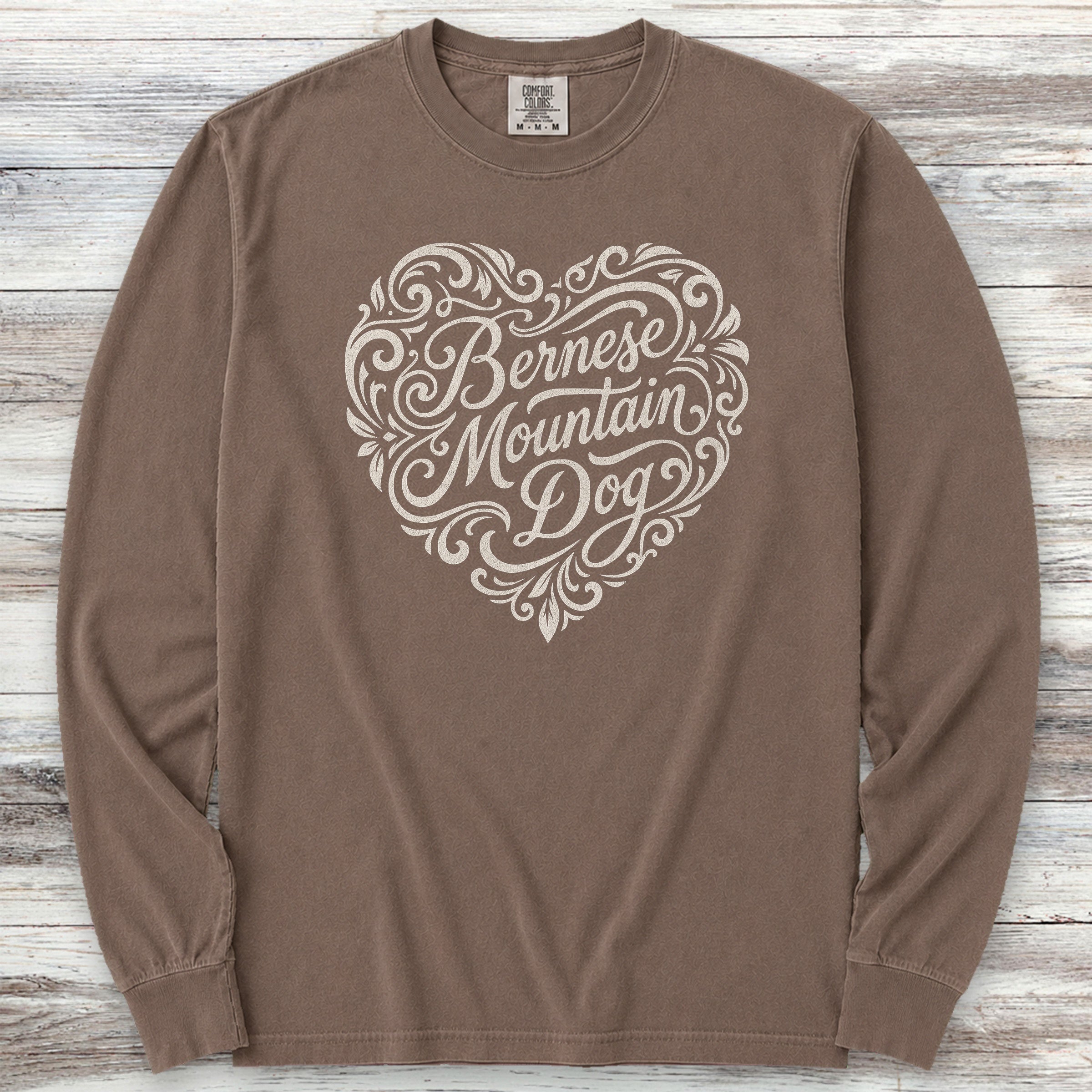Bernese Mountain Dog Heart Script Long Sleeve Tee - Espresso