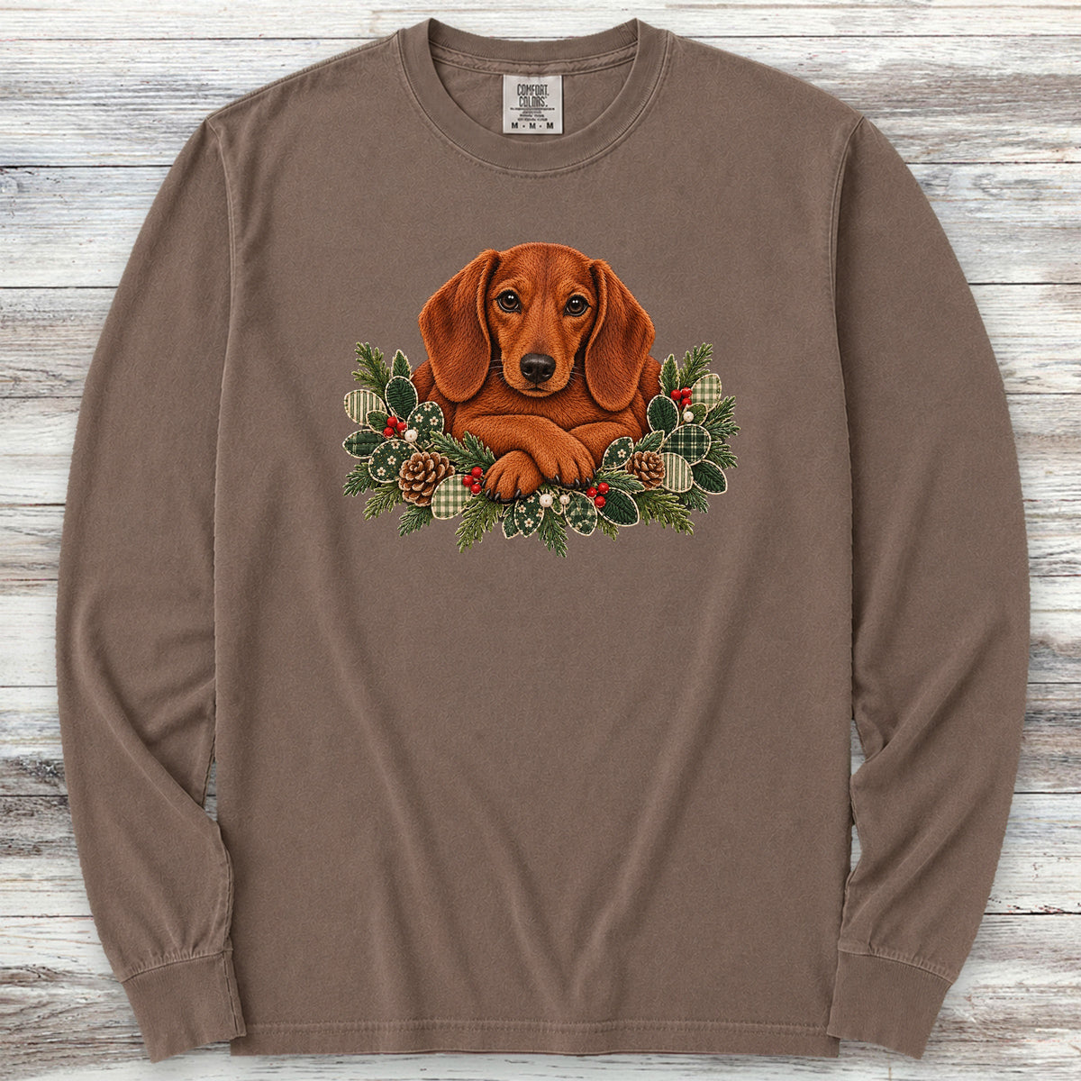 Dachshund Winter Greenery Faux Embroidery Long Sleeve Tee - Espresso