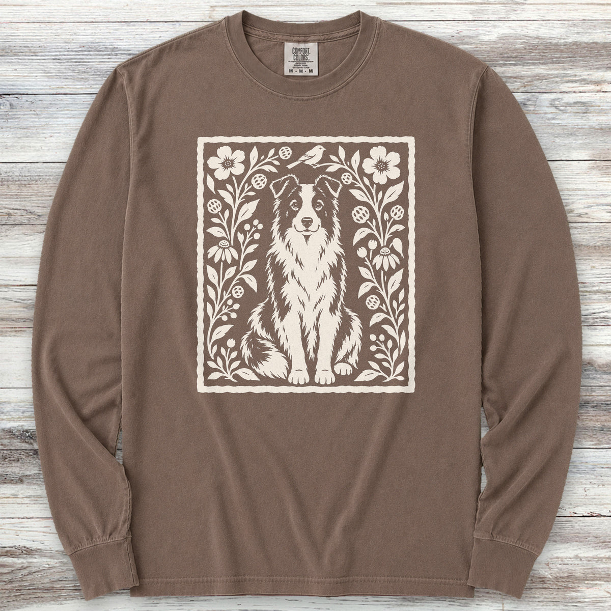 Border Collie Folk Art Floral Long Sleeve Tee - Espresso