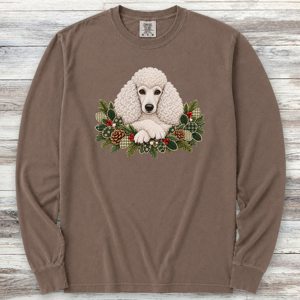 Poodle White Winter Greenery Faux Embroidery Long Sleeve Tee - Espresso
