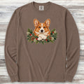 Corgi Winter Greenery Faux Embroidery Long Sleeve Tee - Espresso