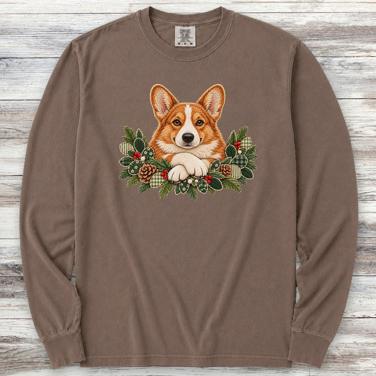 Corgi Winter Greenery Faux Embroidery Long Sleeve Tee - Espresso