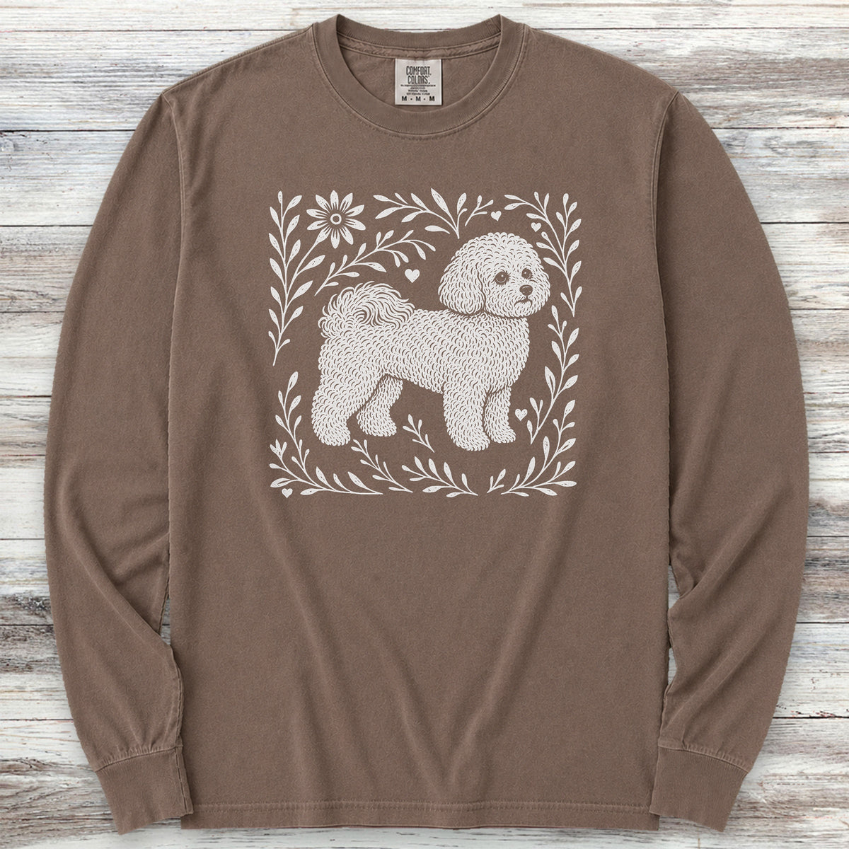 Bichon Frise Linocut Long Sleeve Tee - Espresso