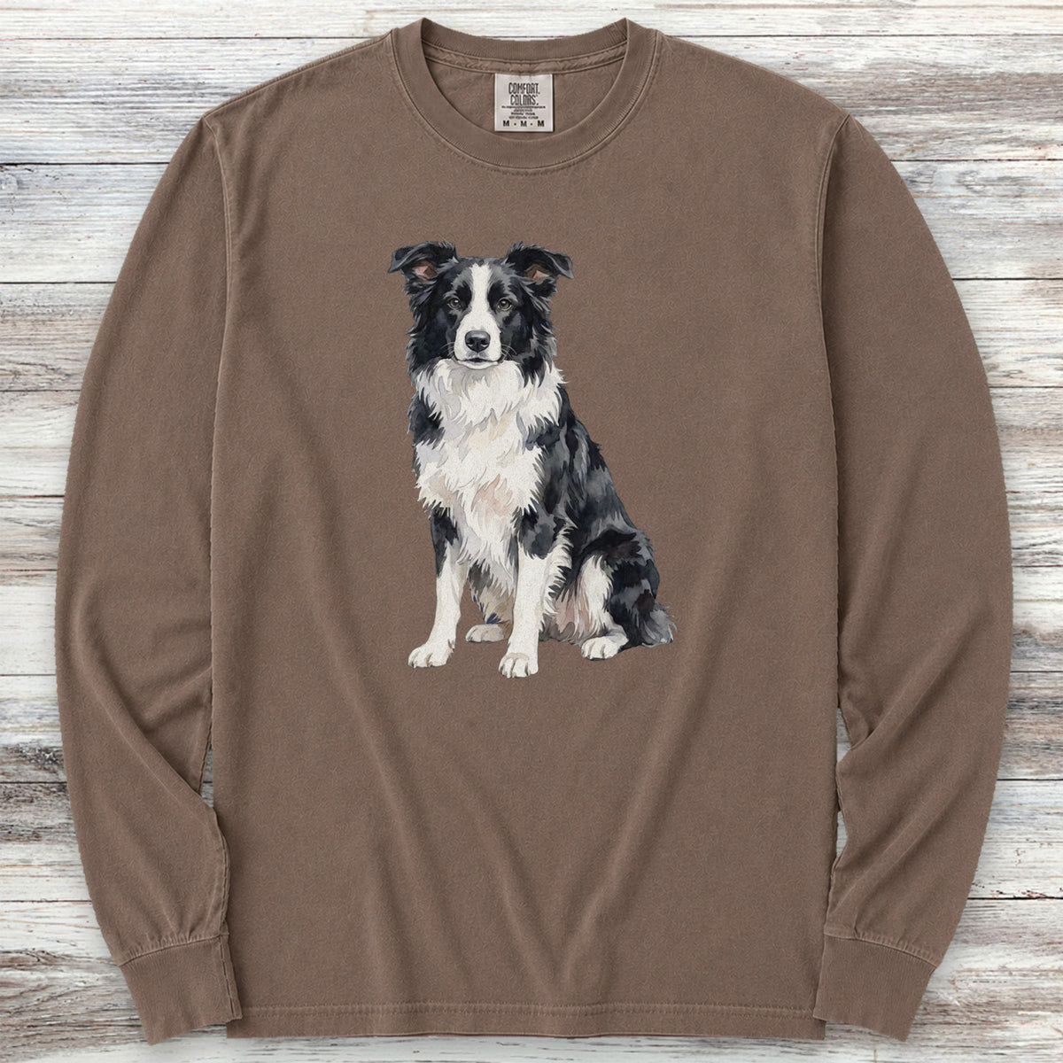 Border Collie Watercolor Long Sleeve Tee - Espresso