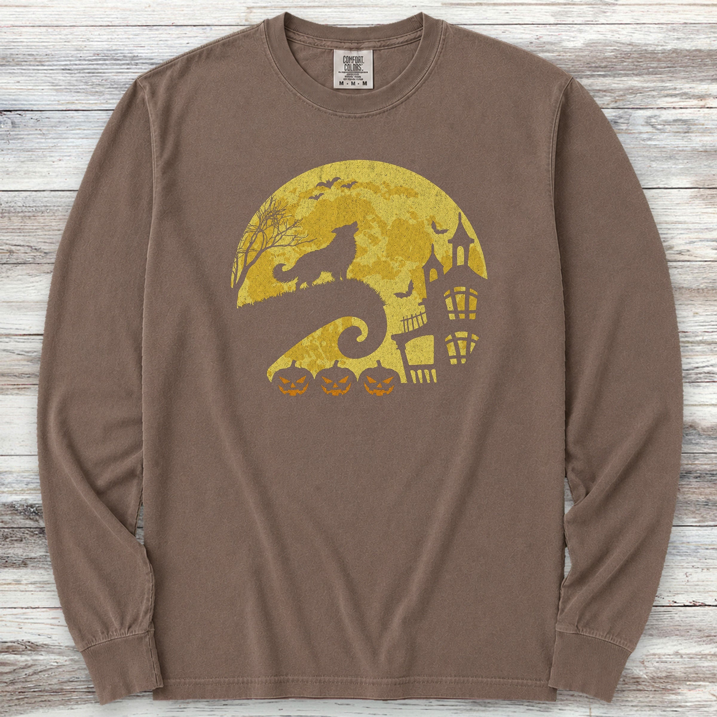 Border Collie Halloween Moon Long Sleeve Tee - Espresso