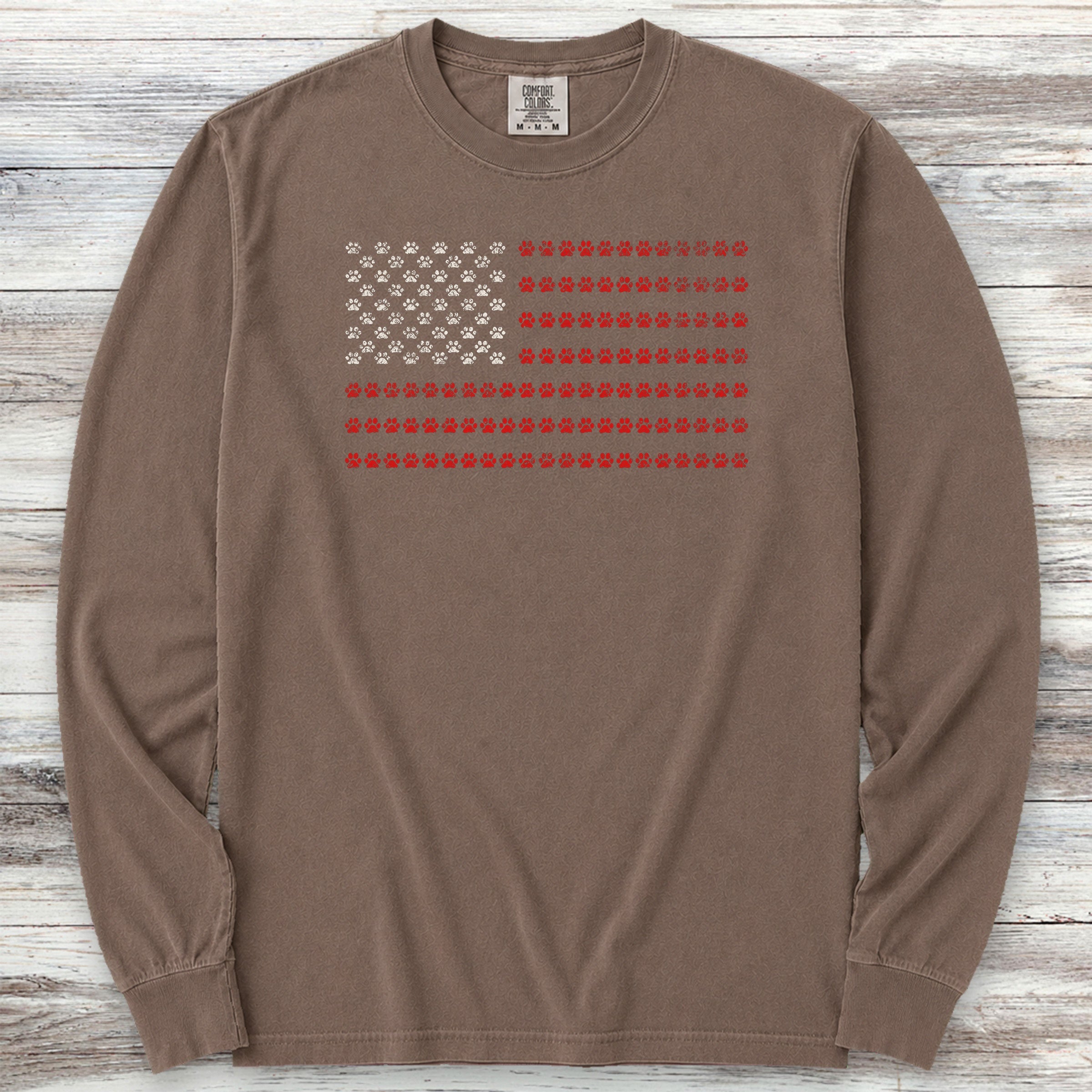 Vintage Red White & Paws Flag Long Sleeve Tee - Espresso
