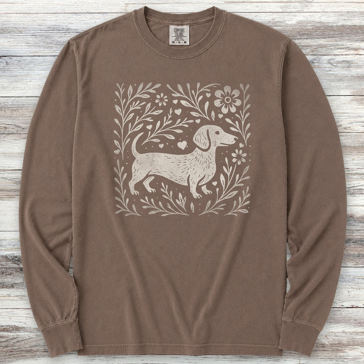 Dachshund Linocut Long Sleeve Tee - Espresso