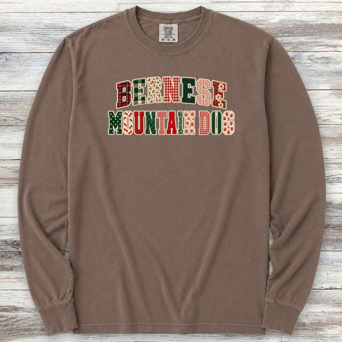 Bernese Mountain Dog Holiday Faux Patchwork Long Sleeve Tee - Espresso