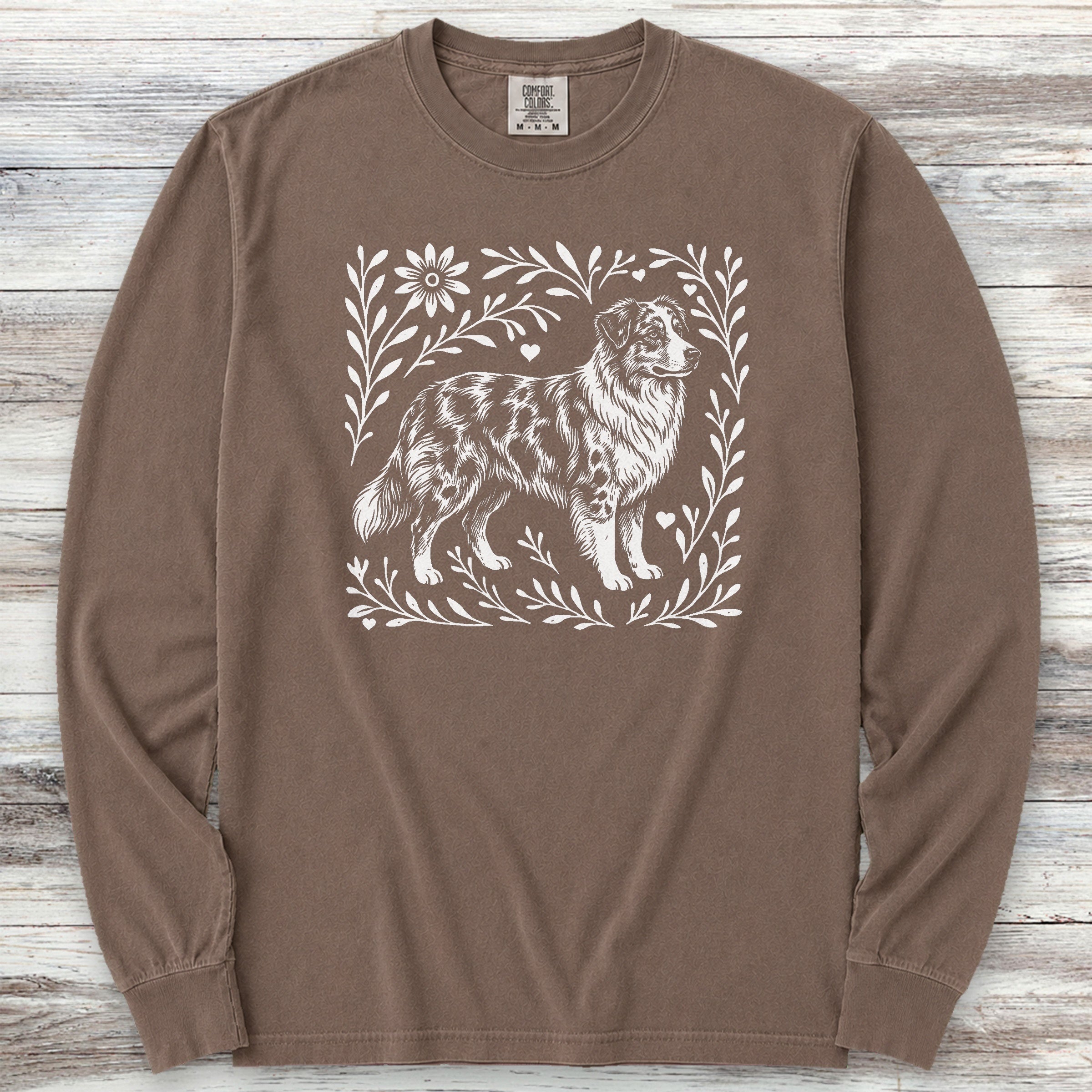 Australian Shepherd Merle Linocut Long Sleeve Tee - Espresso