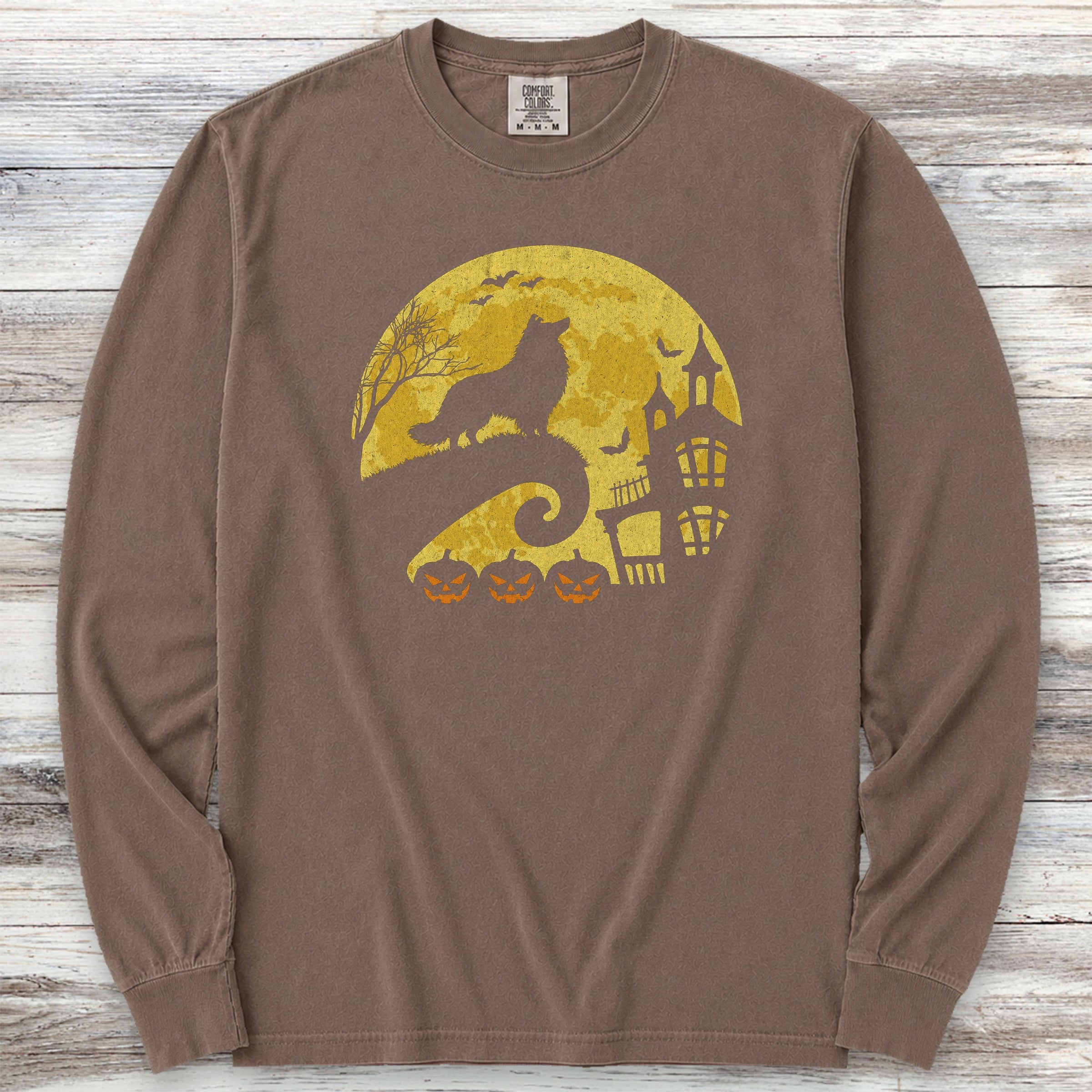 Rough Collie Halloween Moon Long Sleeve Tee - Espresso
