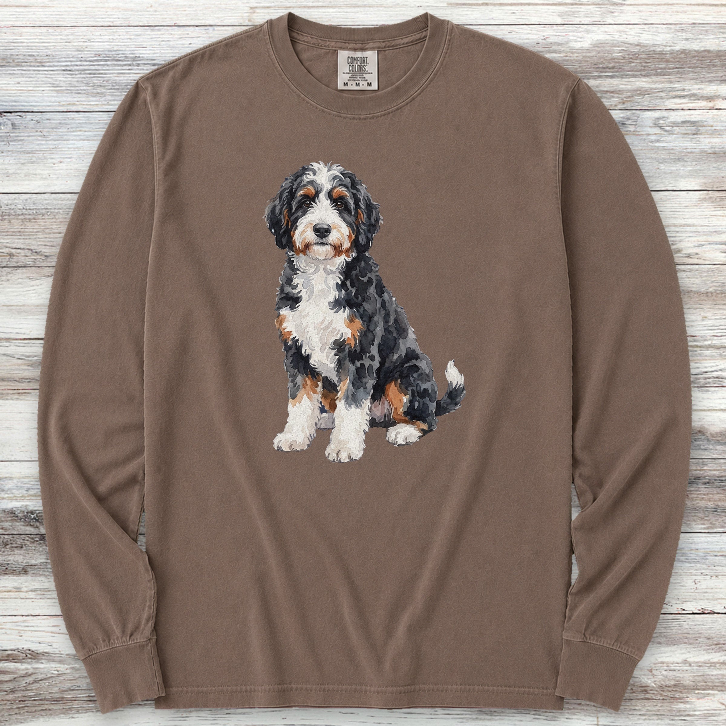 Bernedoodle Watercolor Long Sleeve Tee - Espresso