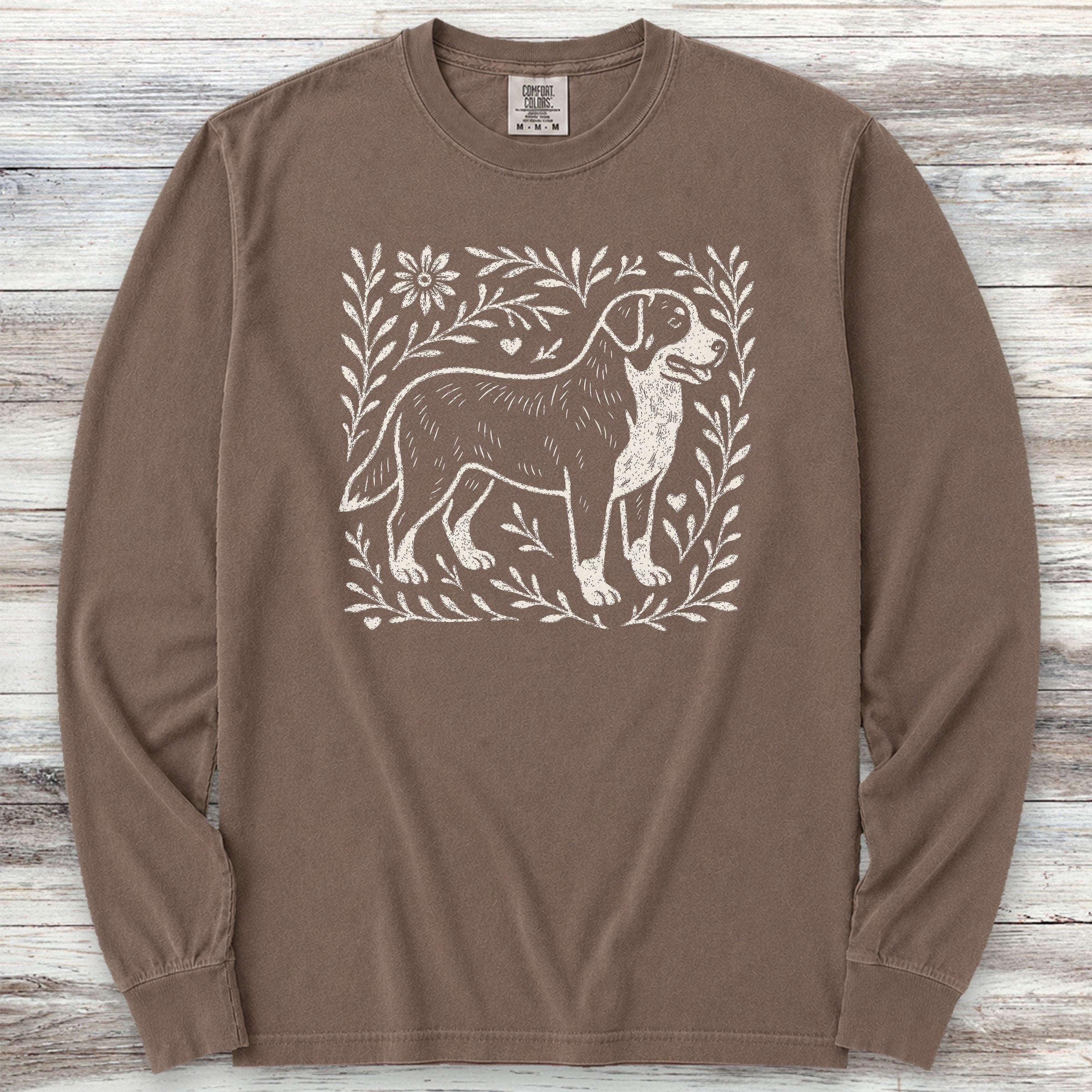 Swiss Mountain Dog Linocut Long Sleeve Tee - Espresso