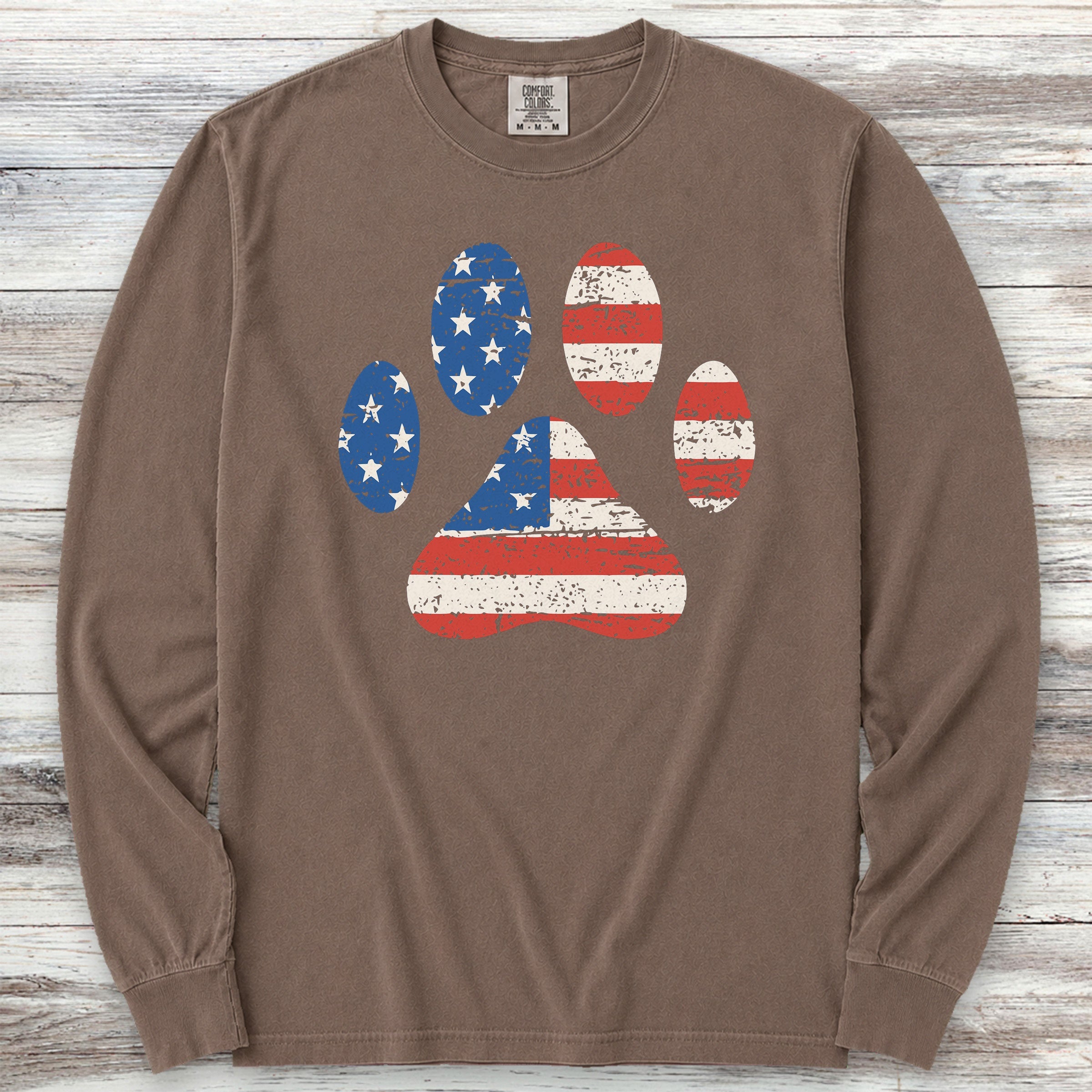 Stars & Stripes Paw Print Long Sleeve Tee - Espresso