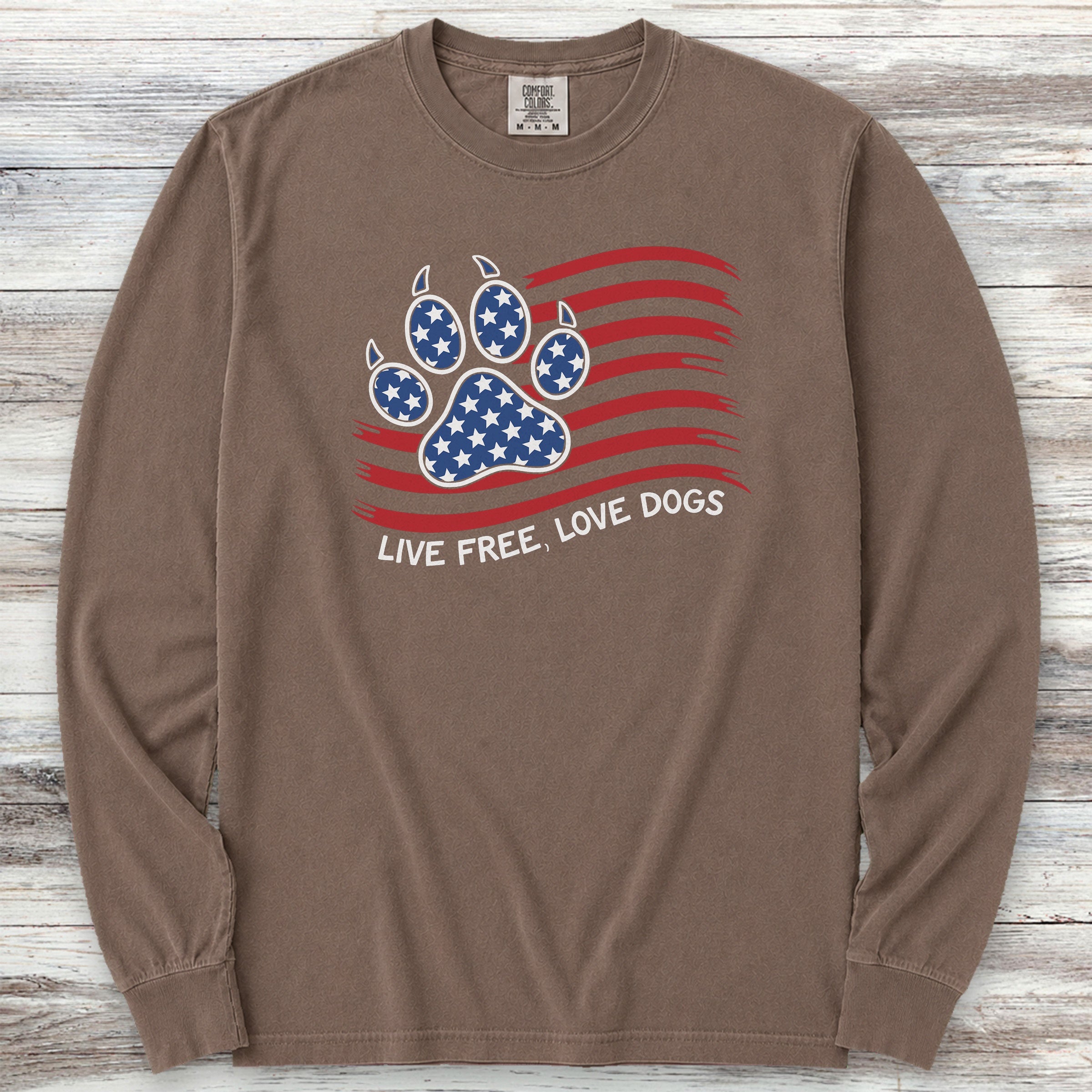 Live Free Love Dogs Flag Long Sleeve Tee - Espresso