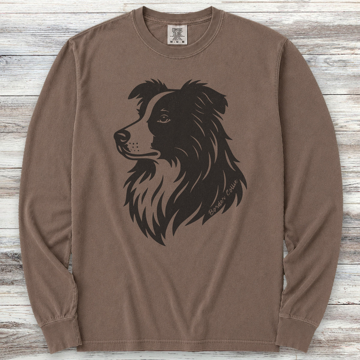 Border Collie Woodcut Portrait Long Sleeve Tee - Espresso