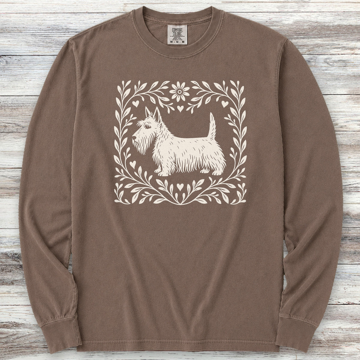 Scottish Terrier Linocut Long Sleeve Tee - Espresso