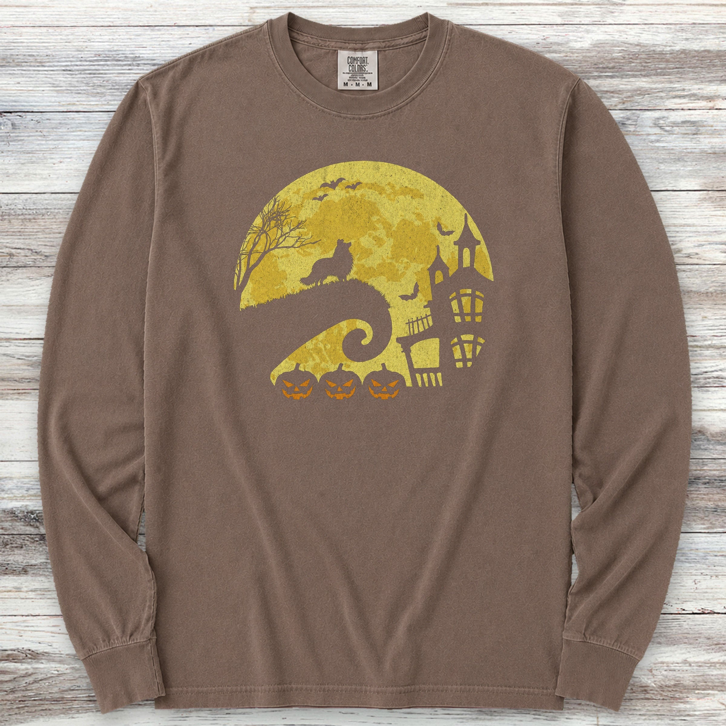 Shetland Sheepdog Halloween Moon Long Sleeve Tee - Espresso