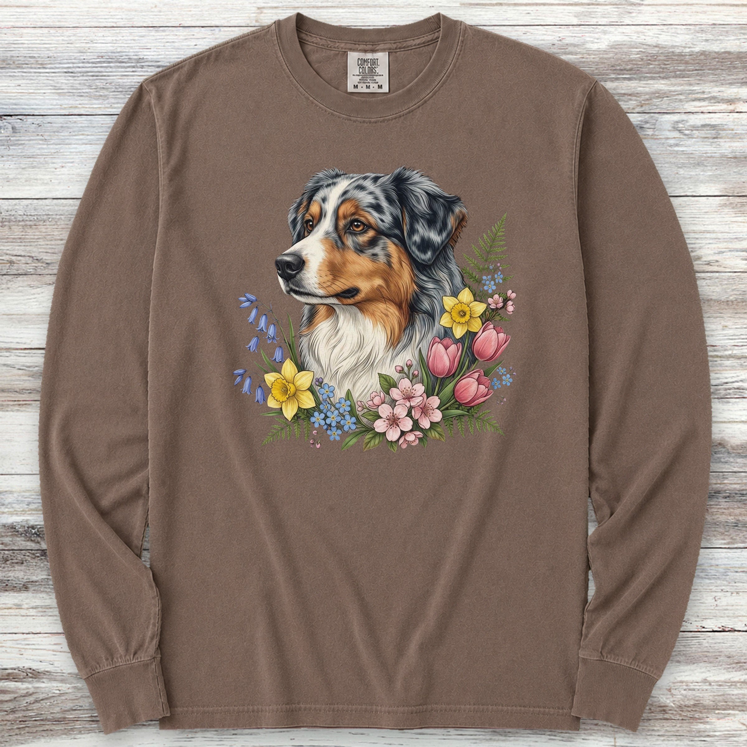 Australian Shepherd Spring Portrait Long Sleeve Tee - Espresso