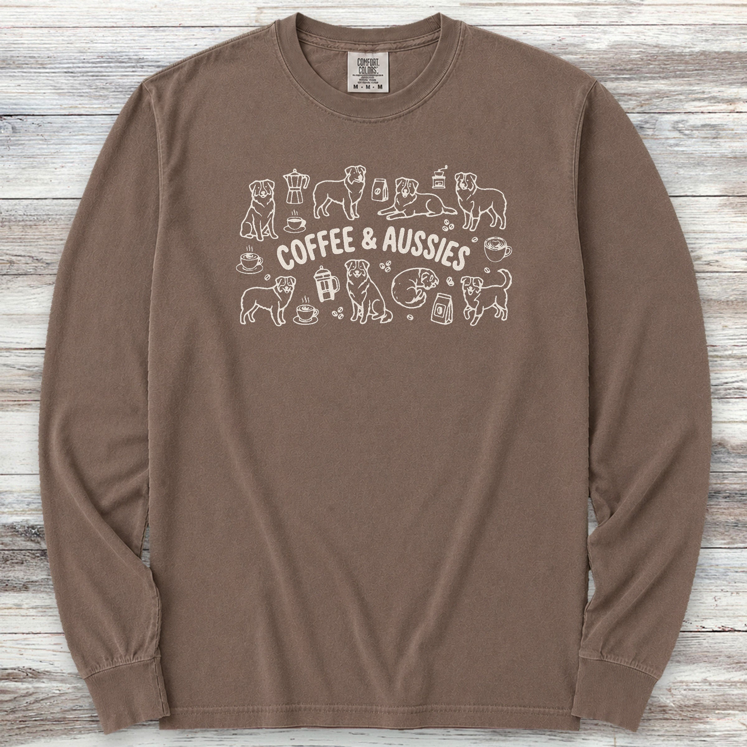 Australian Shepherd Coffee Doodles Long Sleeve Tee - Espresso