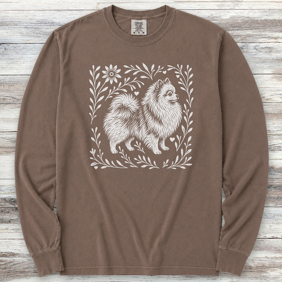 Pomeranian Linocut Long Sleeve Tee - Espresso