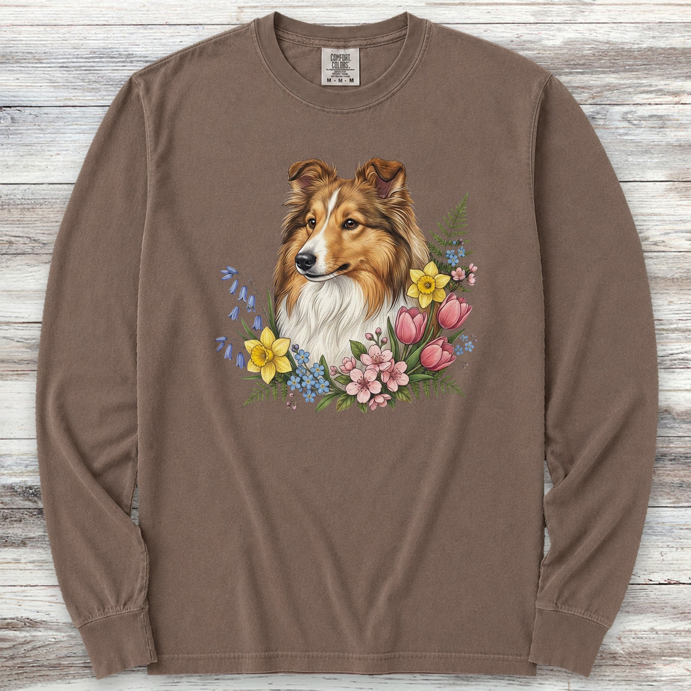 Shetland Sheepdog Spring Portrait Long Sleeve Tee - Espresso