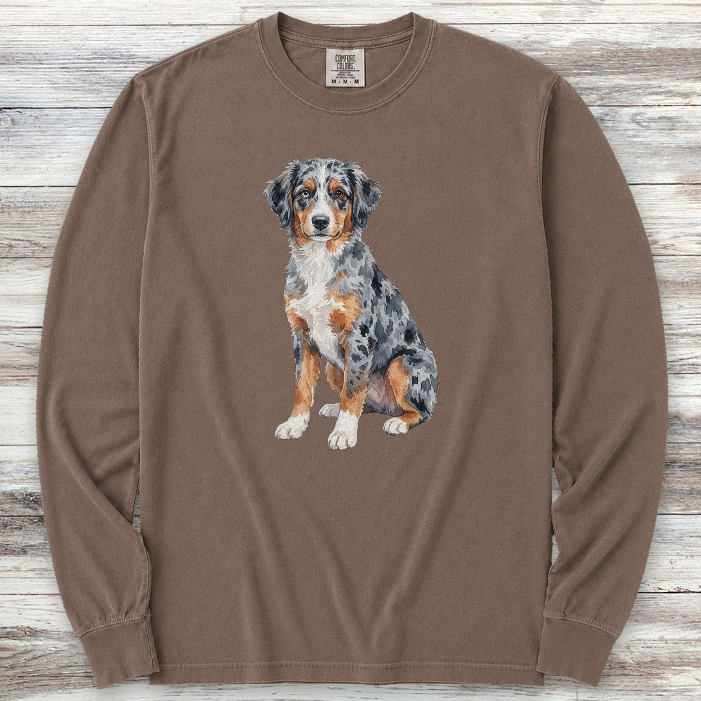 Australian Shepherd Puppy Watercolor Long Sleeve Tee - Espresso