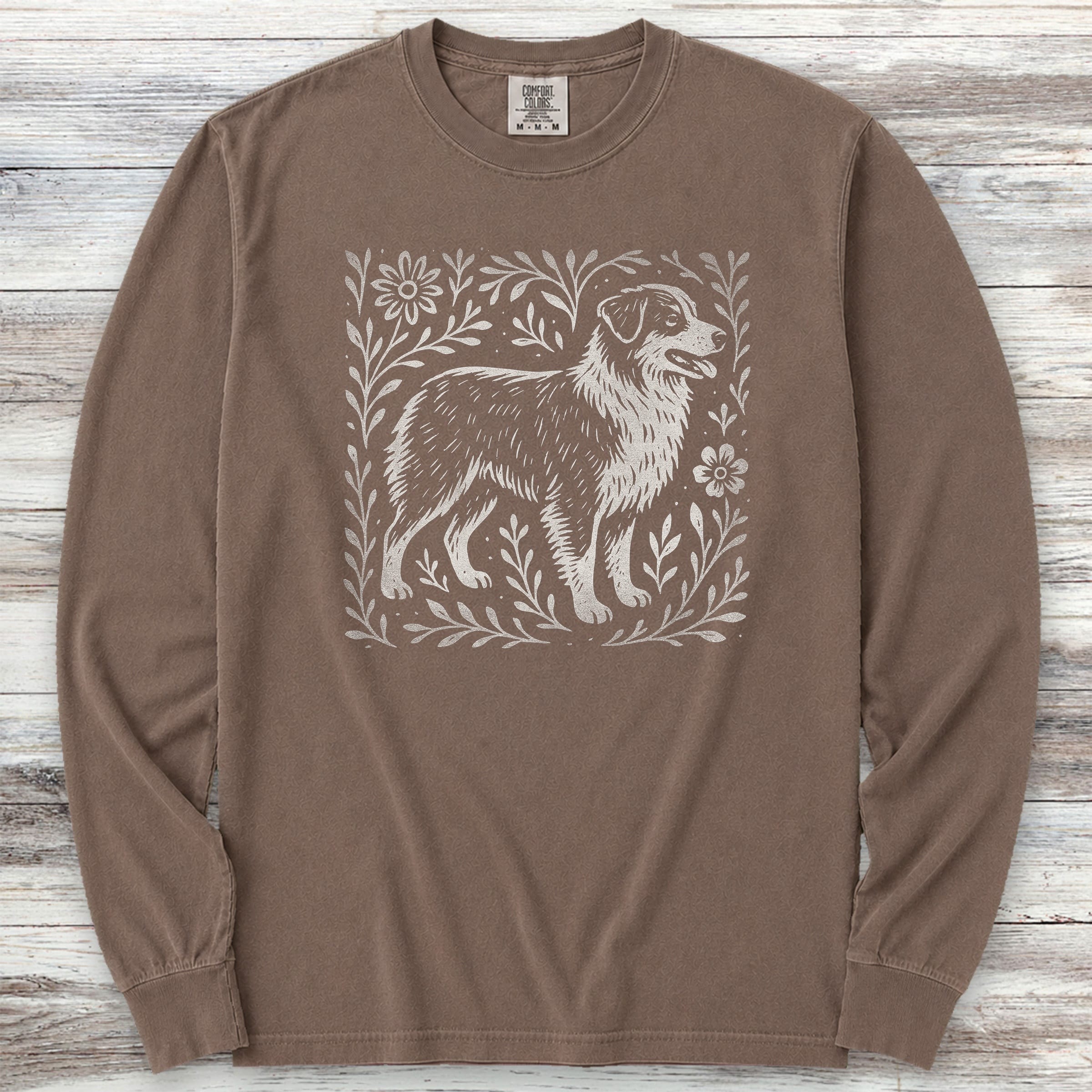 Australian Shepherd Linocut Long Sleeve Tee - Espresso