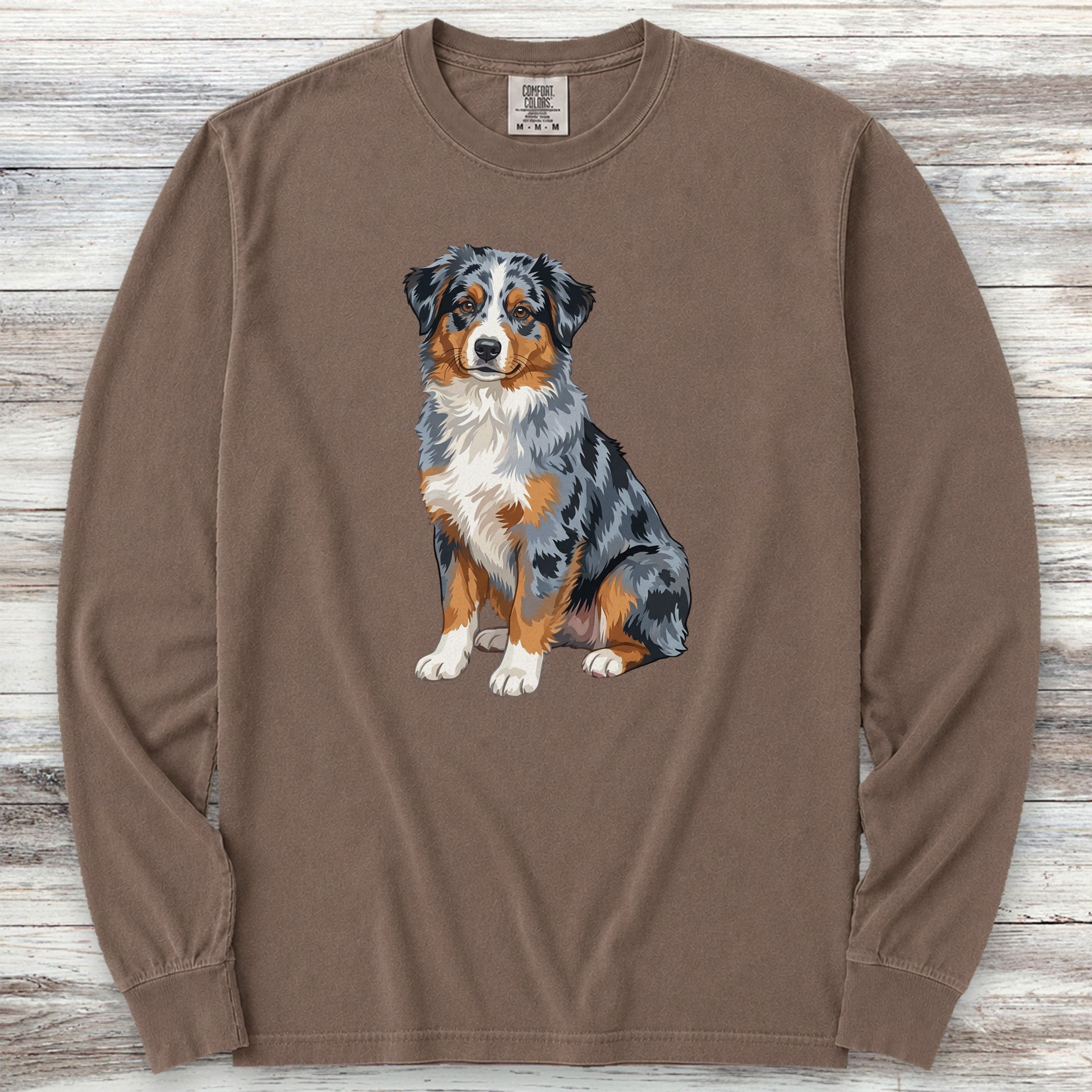 Australian Shepherd Merle Watercolor Long Sleeve Tee - Espresso