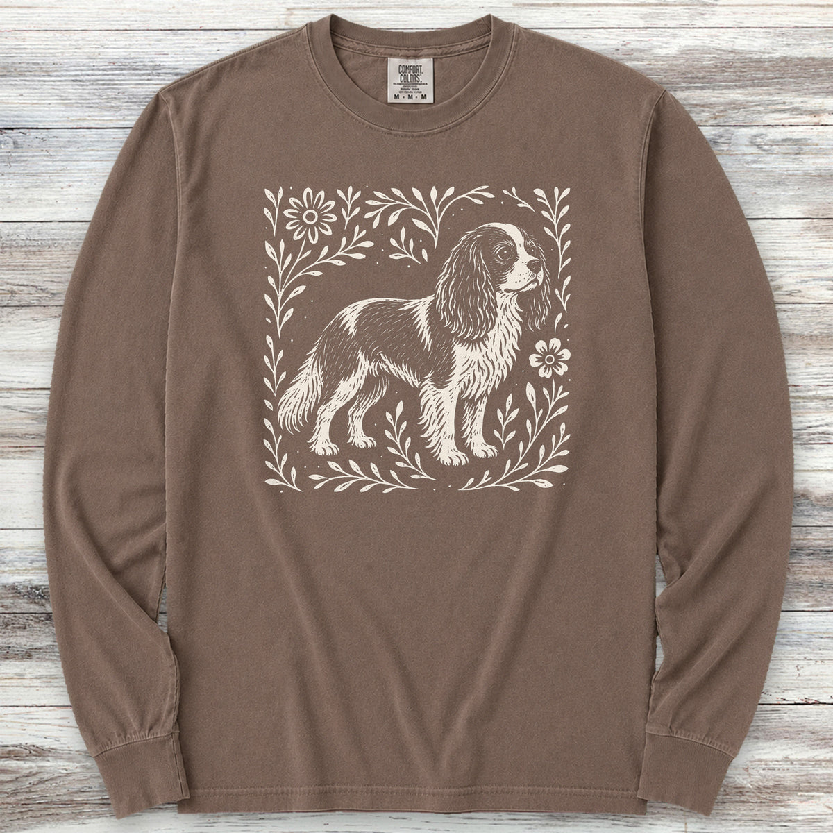 Cavalier King Charles Linocut Long Sleeve Tee - Espresso