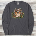 Australian Shepherd Winter Greenery Faux Embroidery Long Sleeve Tee - Graphite