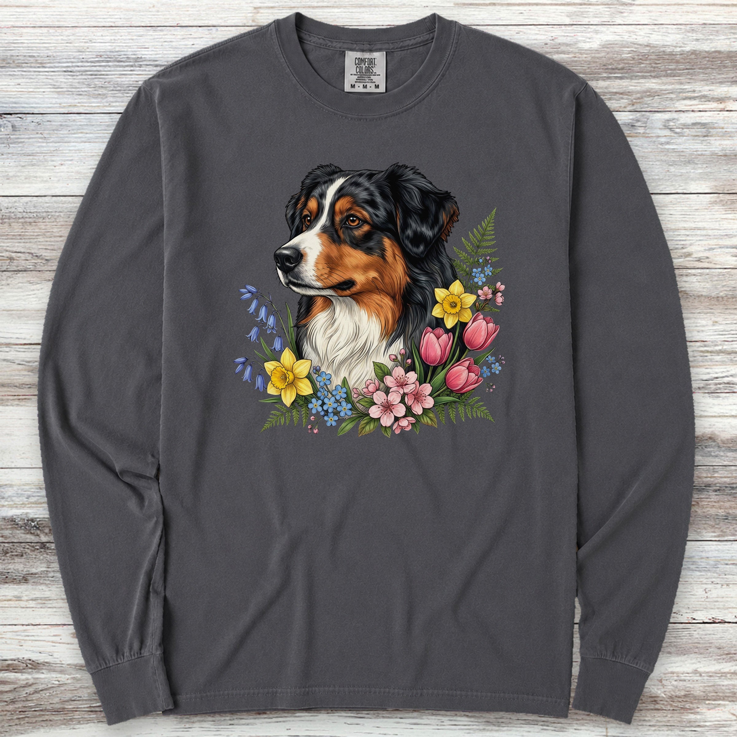 Australian Shepherd Tri Portrait Long Sleeve Tee - Graphite