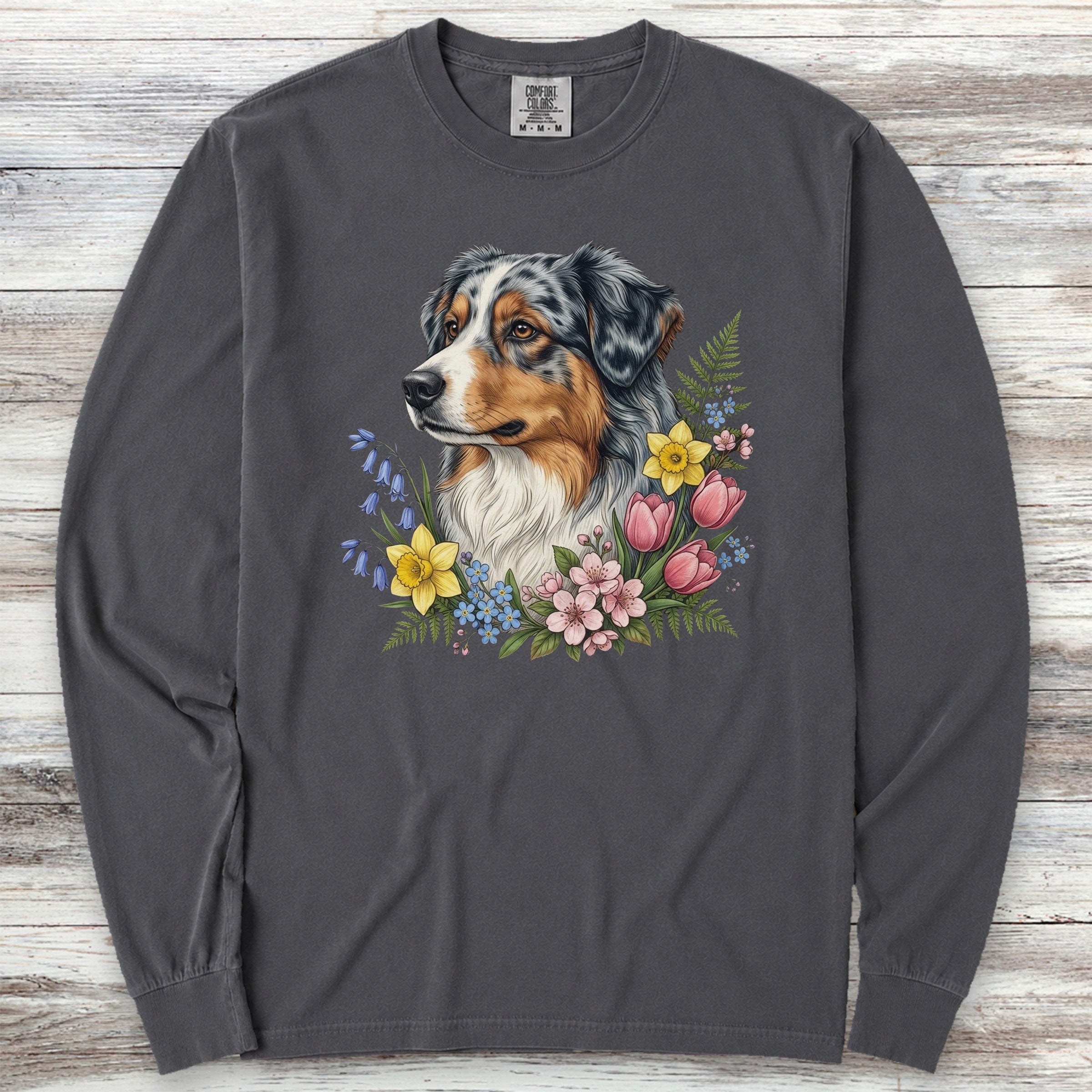 Australian Shepherd Spring Portrait Long Sleeve Tee - Graphite