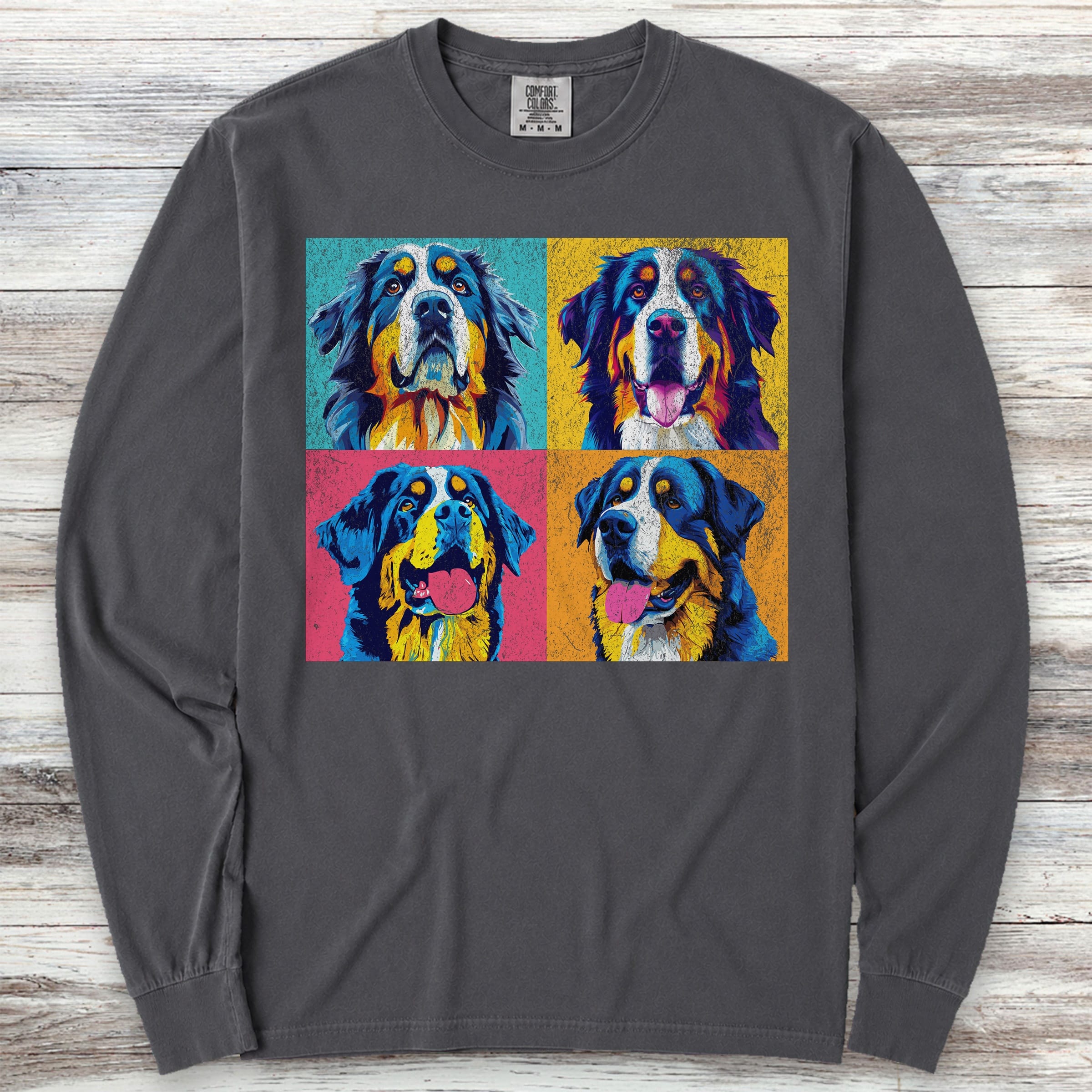 Bernese Mountain Dog Pop Art Long Sleeve Tee - Graphite